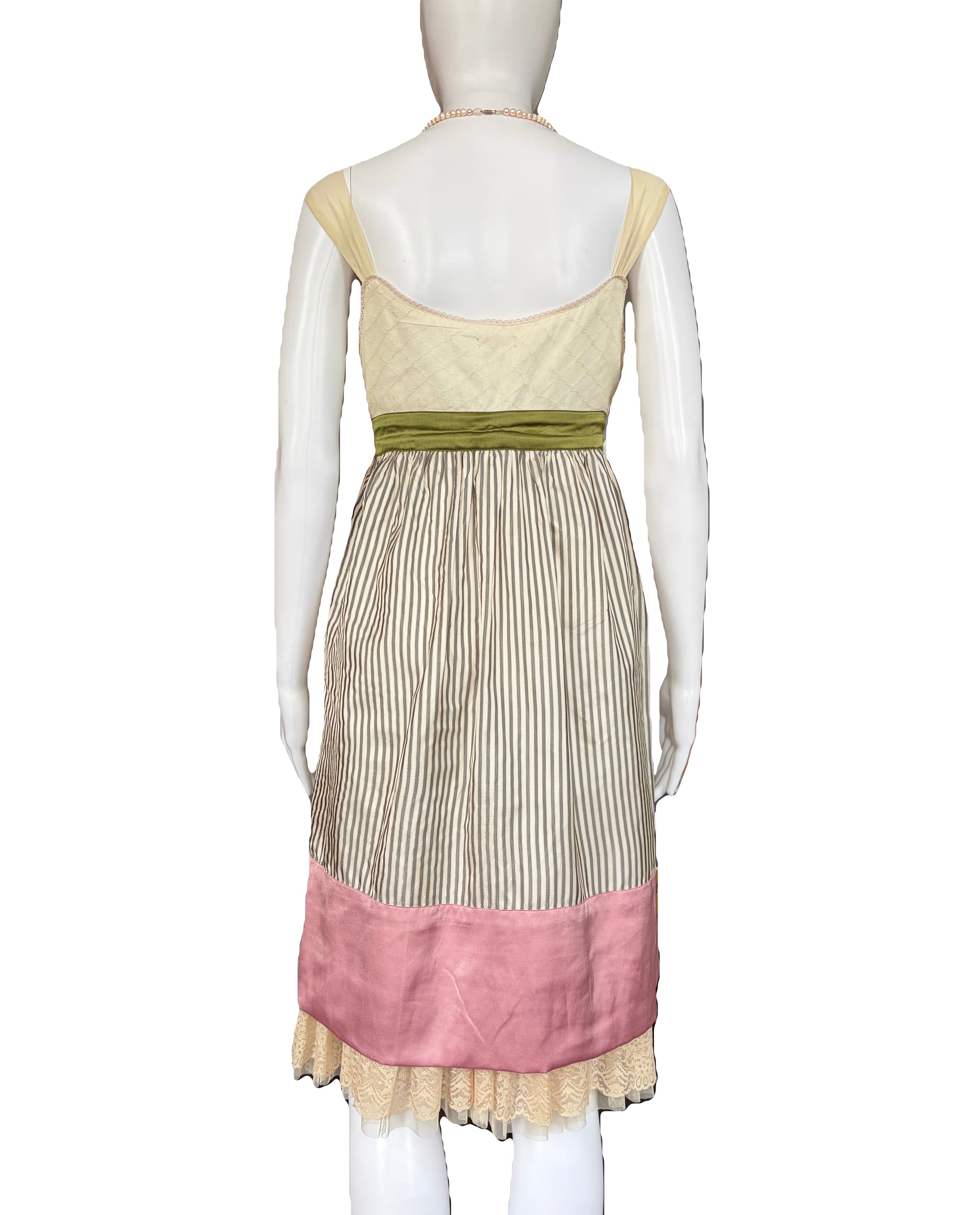 John Galliano 2000s Vintage Silk Striped Dress Lace Trim Tulle Top 40 IT
