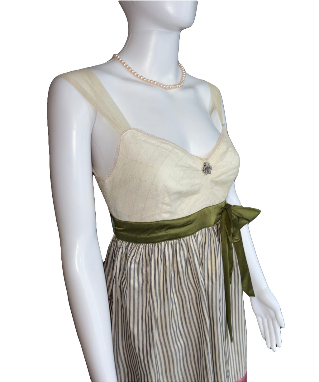 John Galliano 2000s Vintage Silk Striped Dress Lace Trim Tulle Top 40 IT