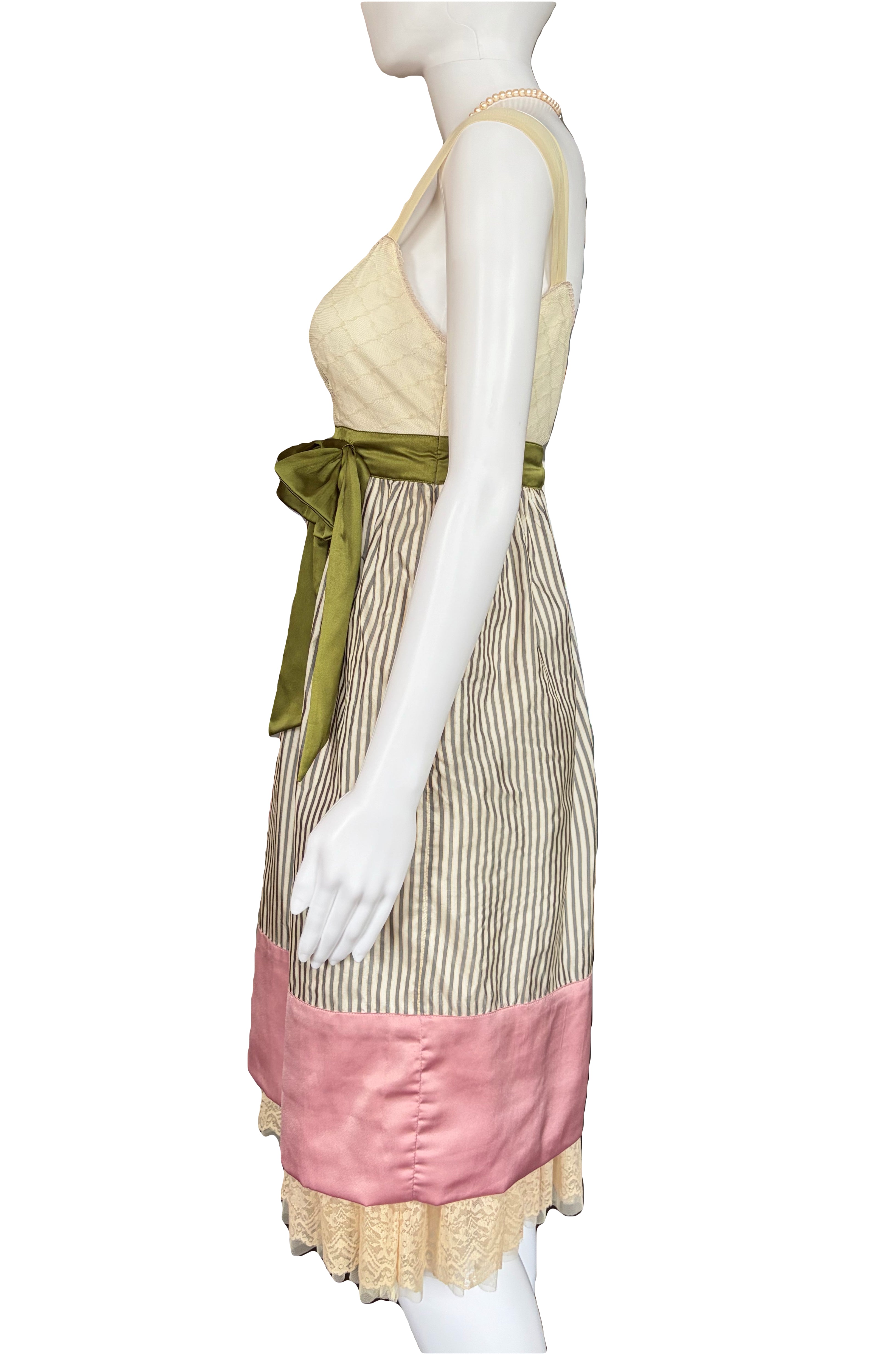 John Galliano 2000s Vintage Silk Striped Dress Lace Trim Tulle Top 40 IT