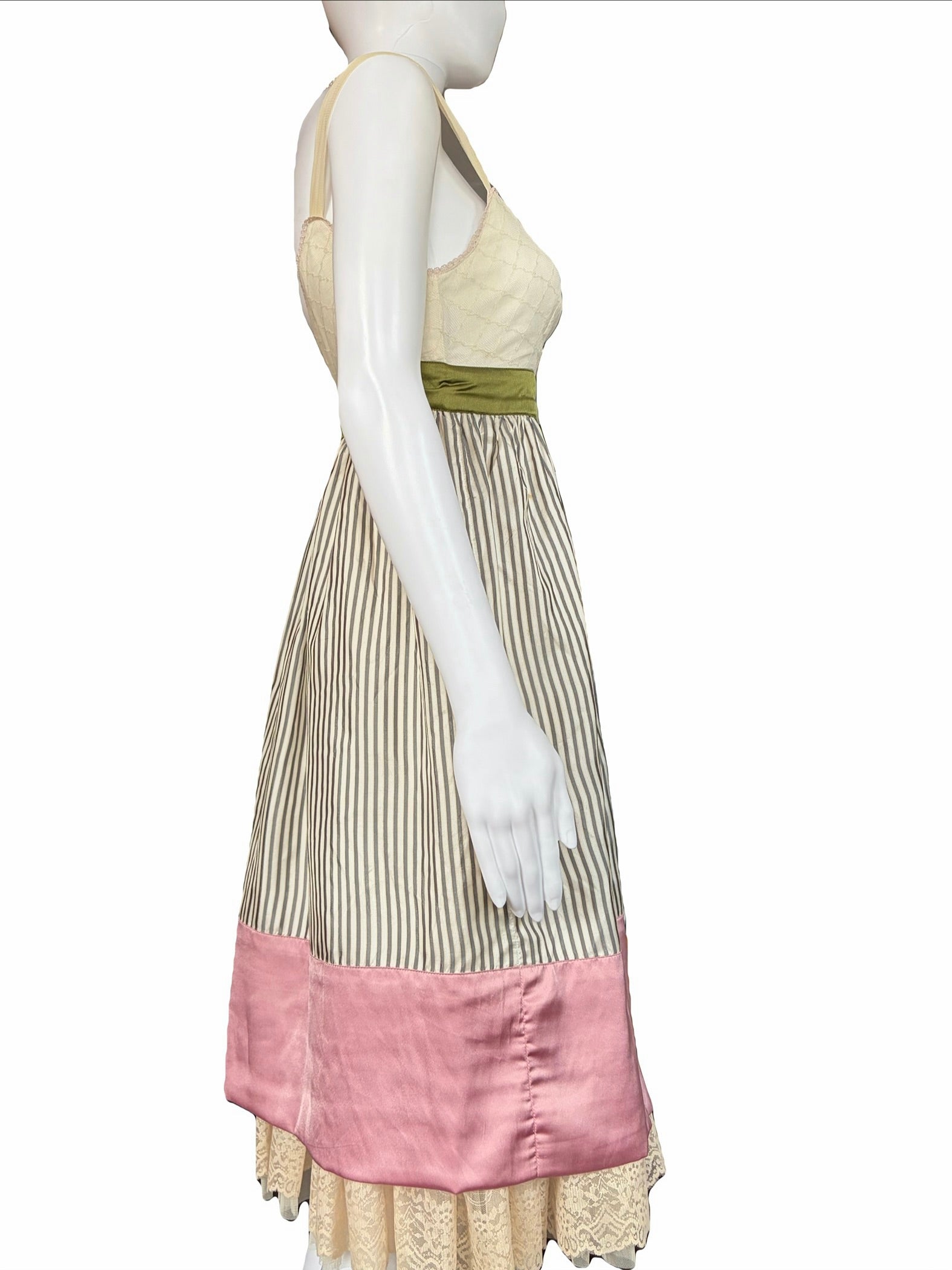 John Galliano 2000s Vintage Silk Striped Dress Lace Trim Tulle Top 40 IT