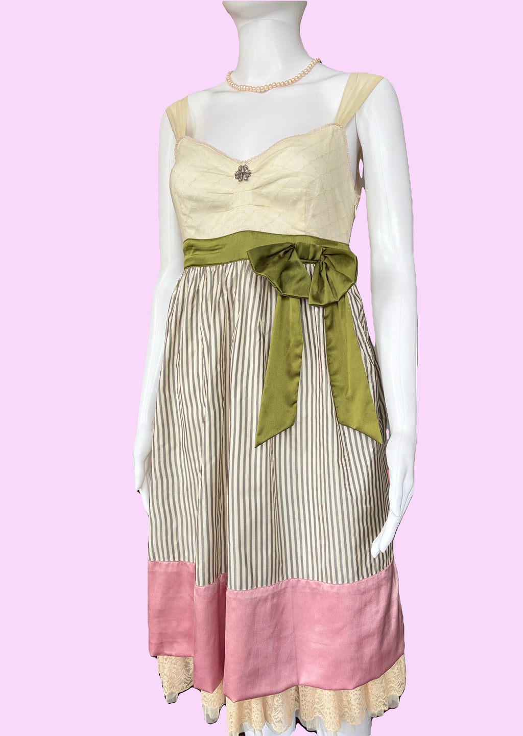 John Galliano 2000s Vintage Silk Striped Dress Lace Trim Tulle Top 40 IT