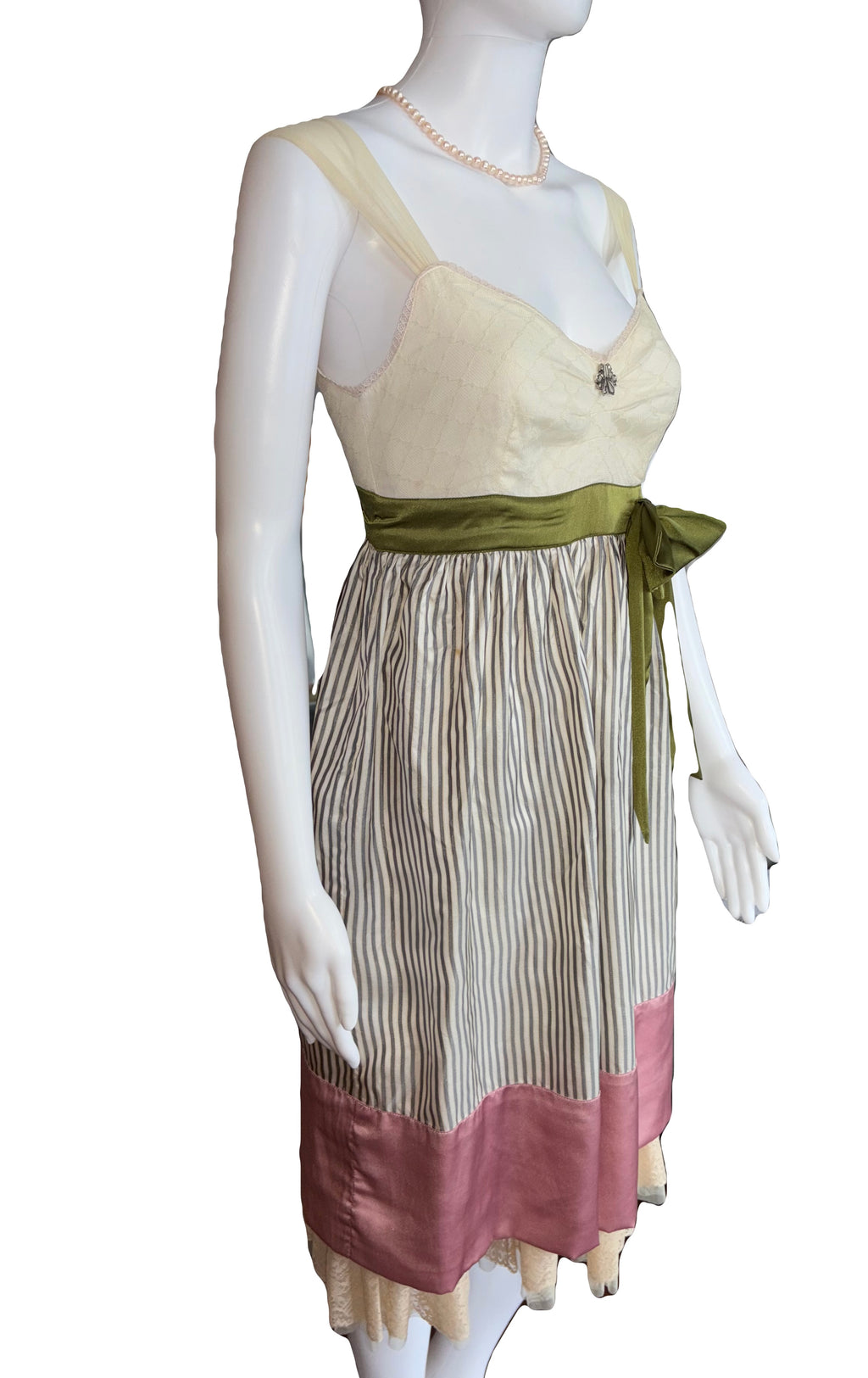 John Galliano 2000s Vintage Silk Striped Dress Lace Trim Tulle Top 40 IT