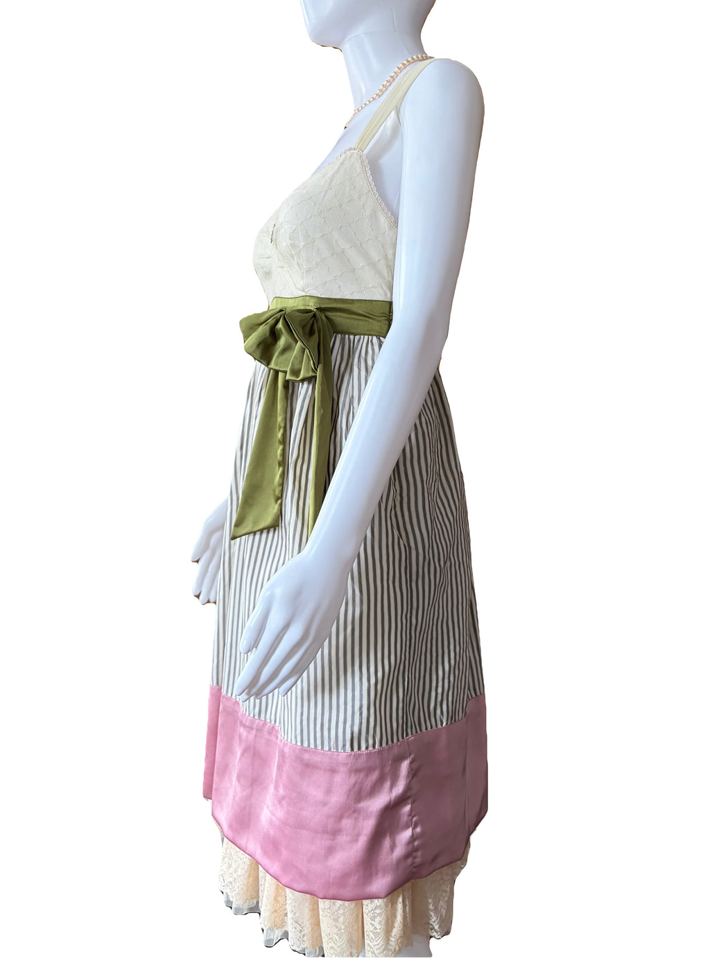 John Galliano 2000s Vintage Silk Striped Dress Lace Trim Tulle Top 40 IT