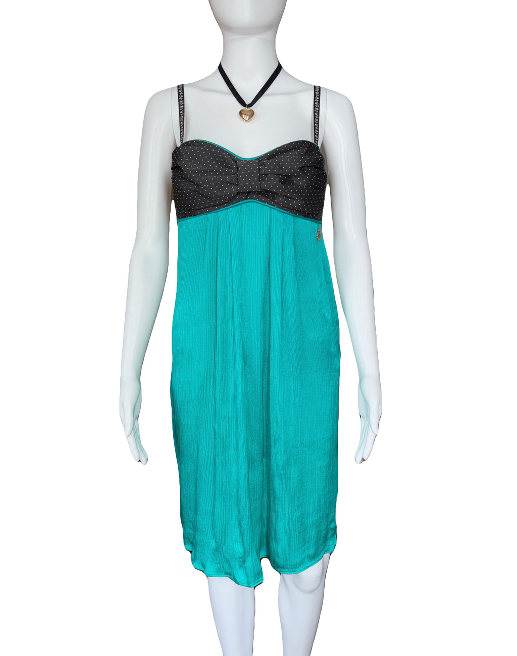 John Galliano 2000s Silk Dress Teal Black Polka Dot 42IT