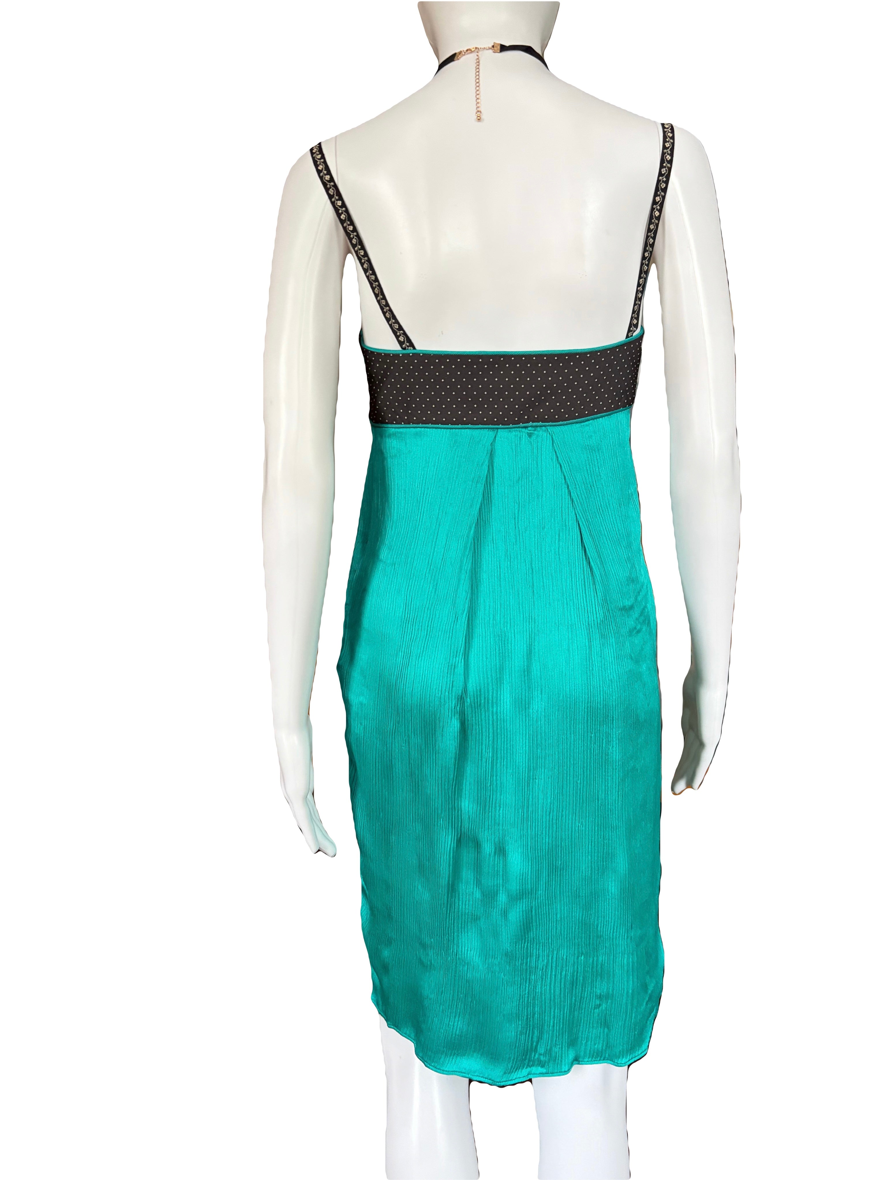 John Galliano 2000s Silk Dress Teal Black Polka Dot 42IT