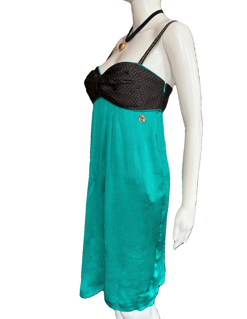 John Galliano 2000s Silk Dress Teal Black Polka Dot 42IT