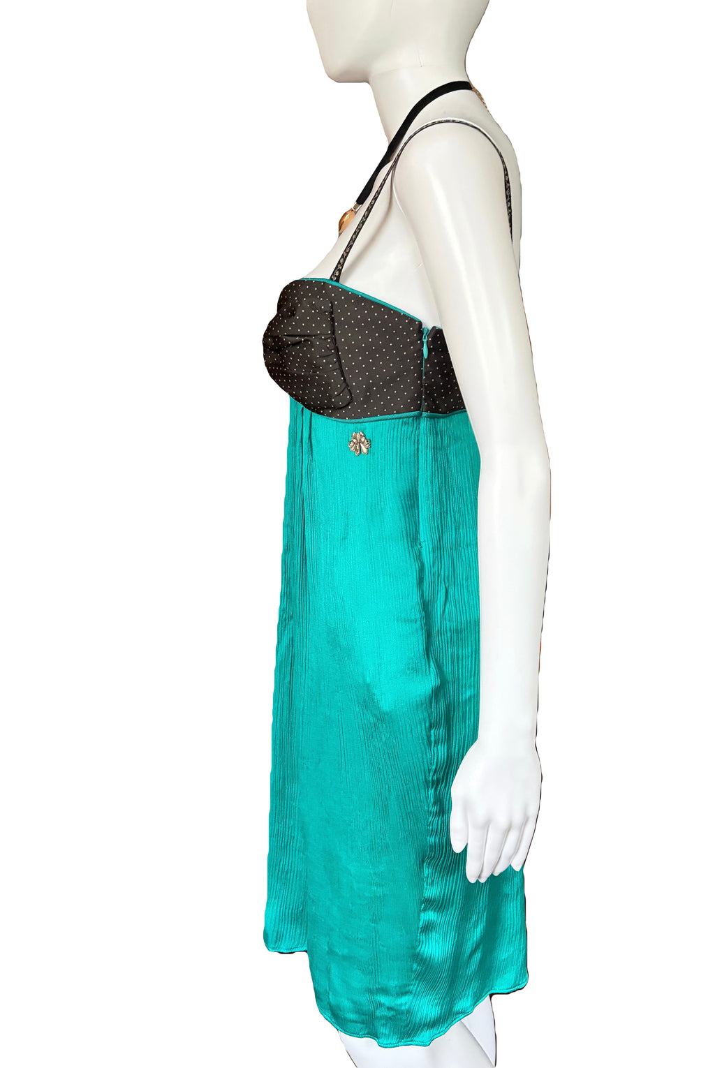 John Galliano 2000s Silk Dress Teal Black Polka Dot 42IT