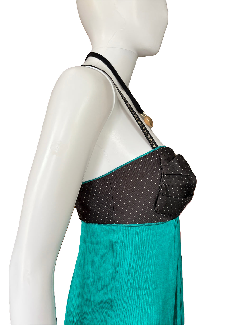 John Galliano 2000s Silk Dress Teal Black Polka Dot 42IT