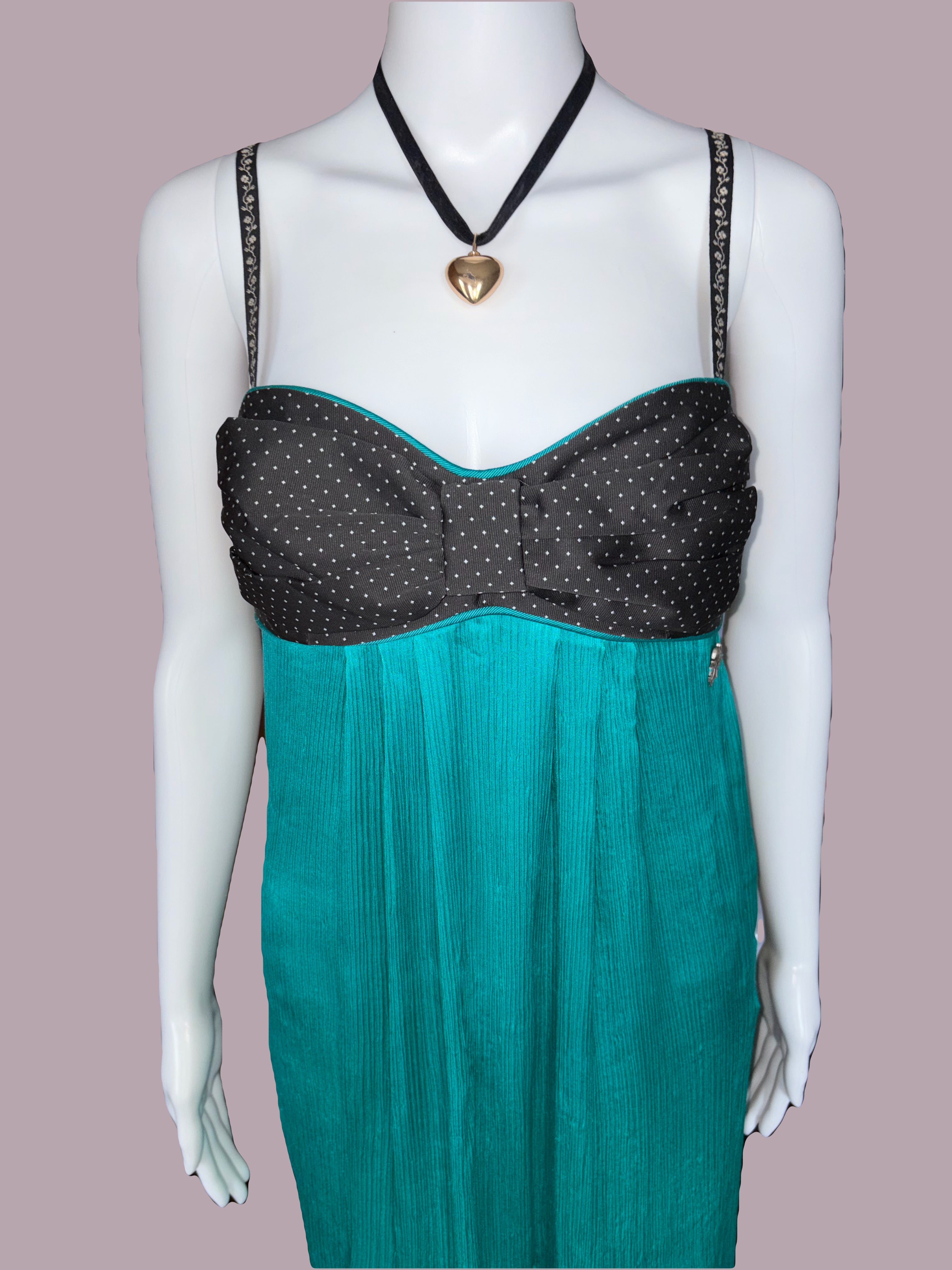 John Galliano 2000s Silk Dress Teal Black Polka Dot 42IT