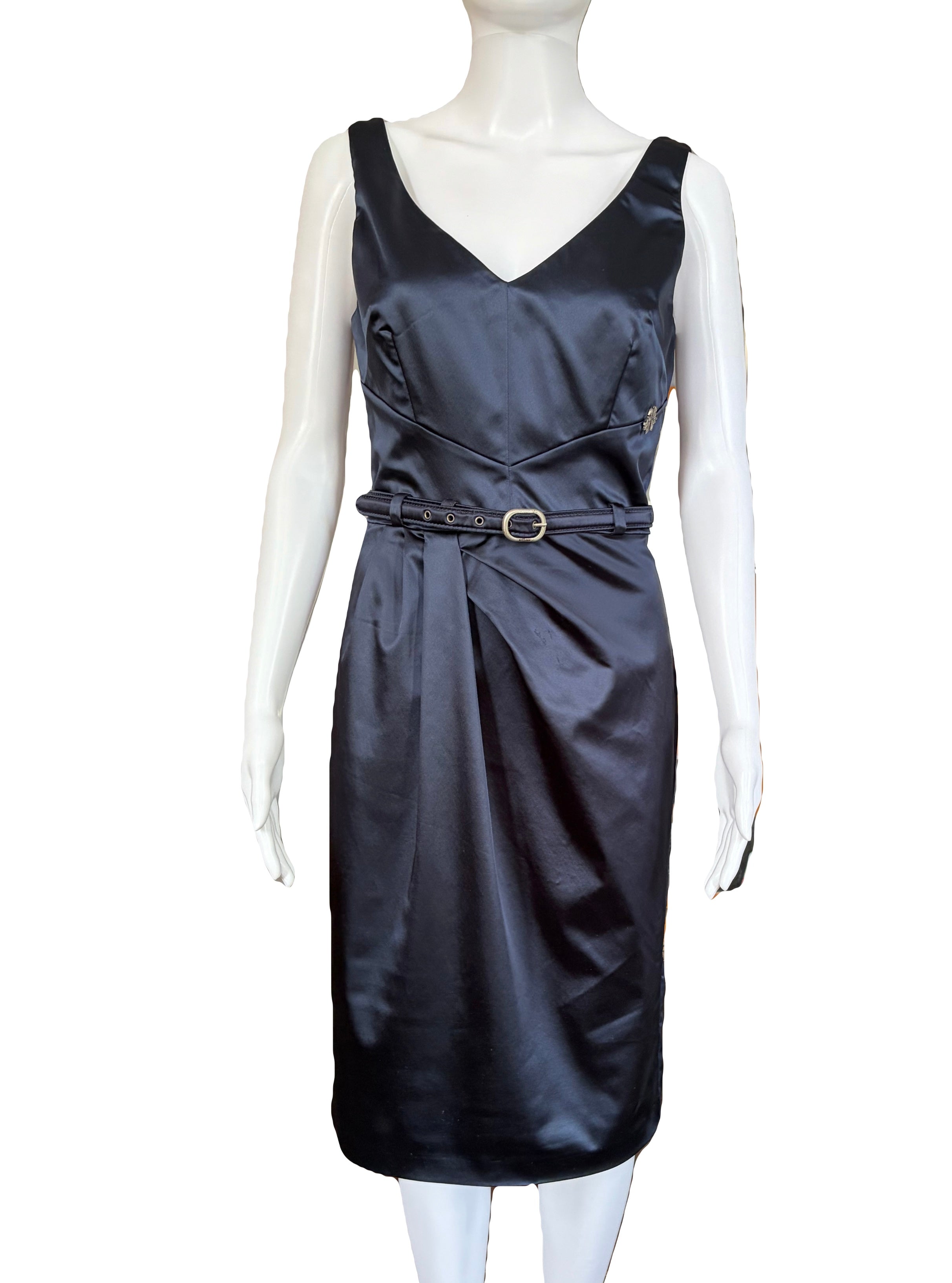 John Galliano 2000s Navy Belted Dress V-neck Draped 44IT
