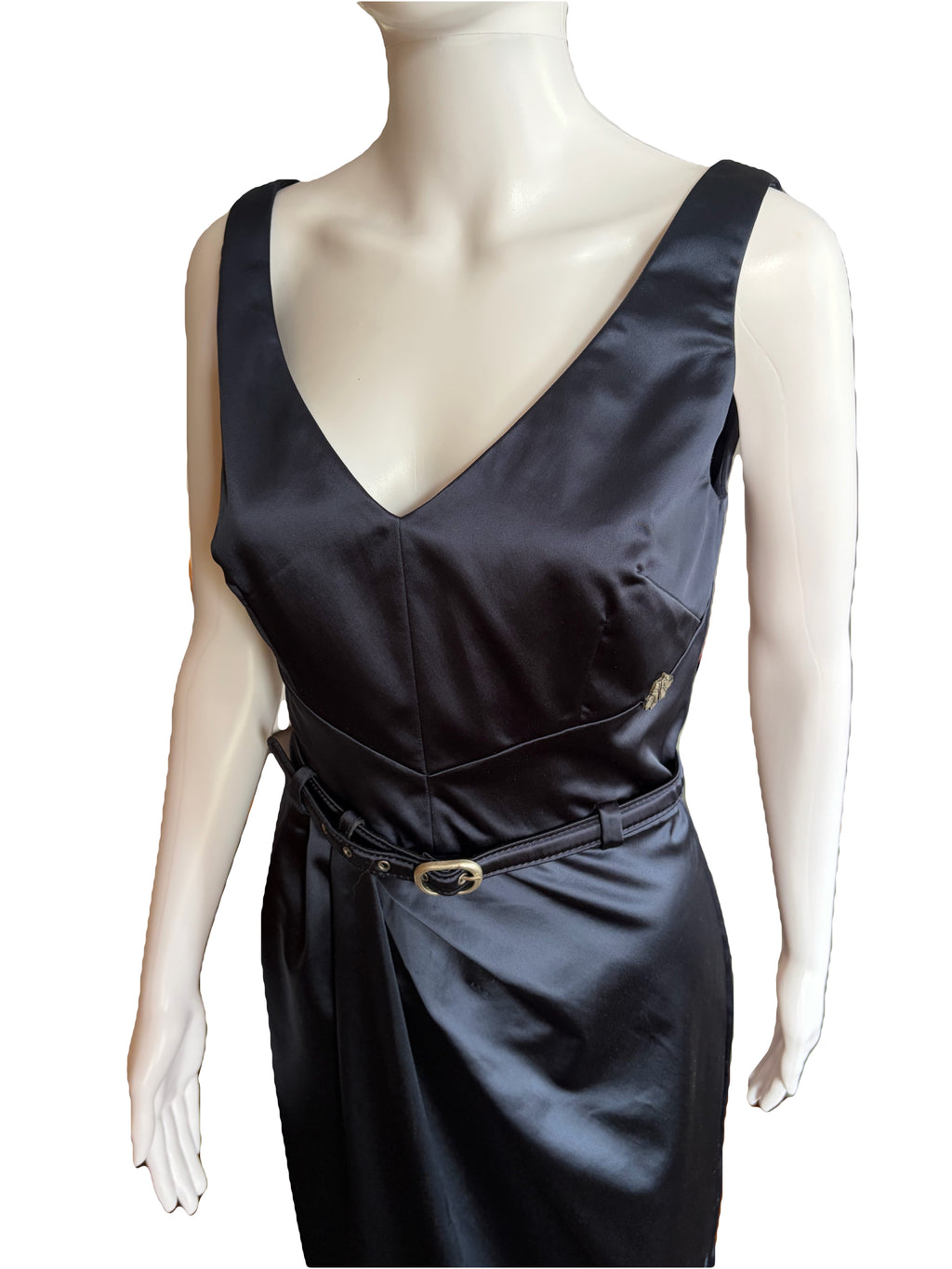 John Galliano 2000s Navy Belted Dress V-neck Draped 44IT