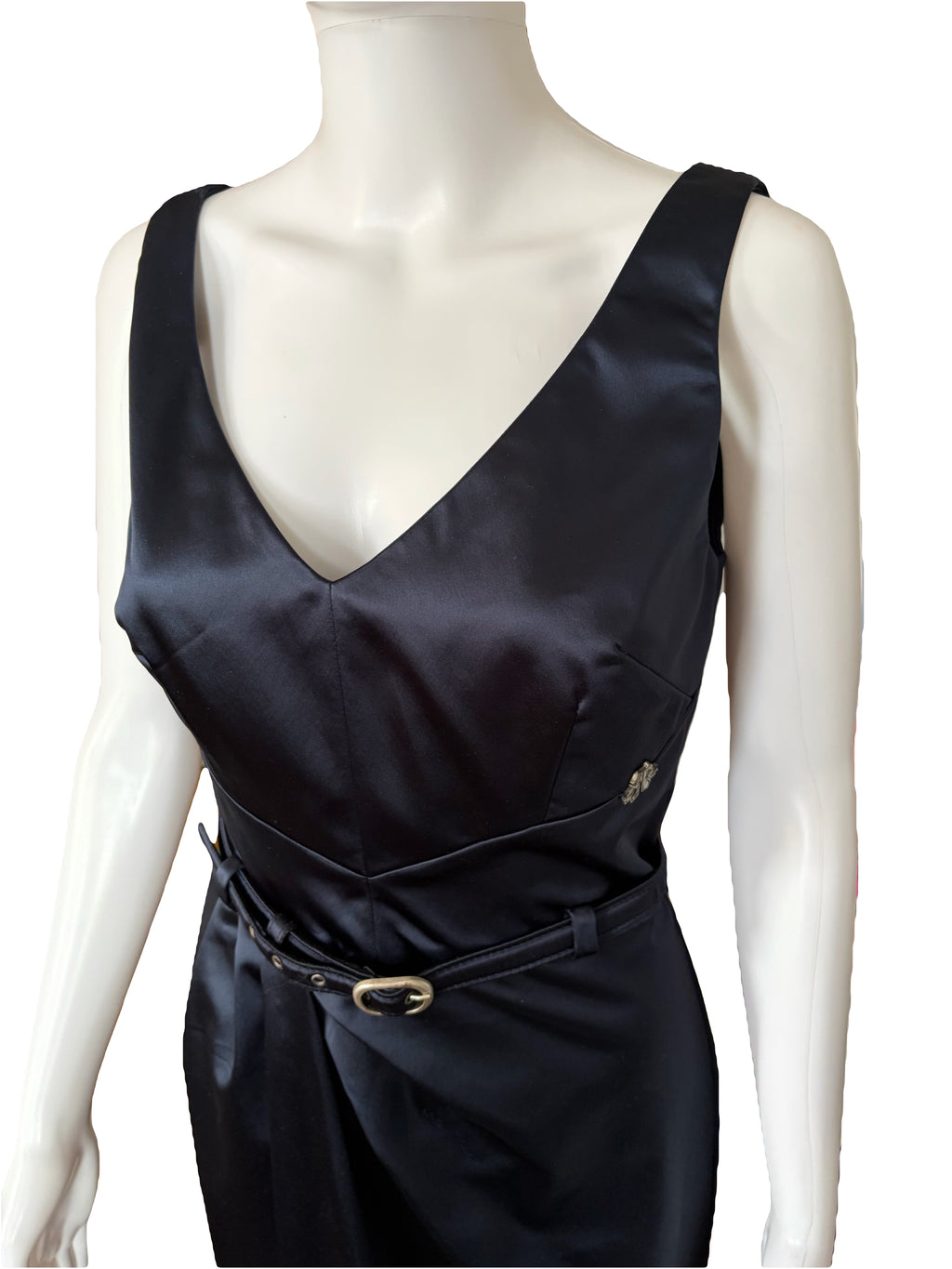 John Galliano 2000s Navy Belted Dress V-neck Draped 44IT