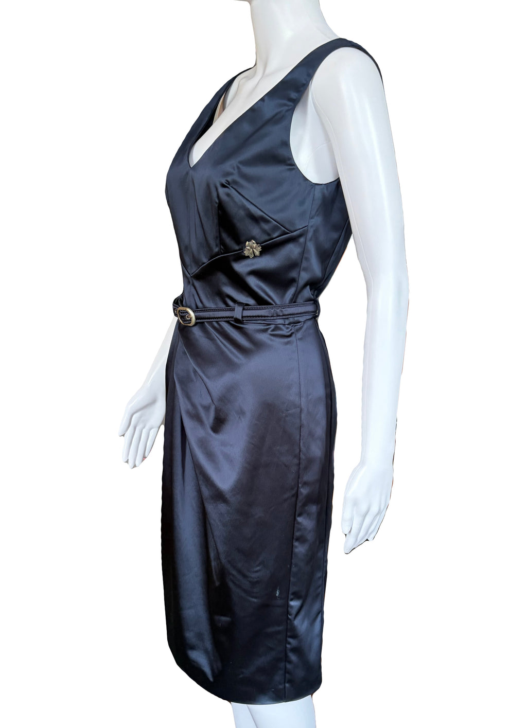 John Galliano 2000s Navy Belted Dress V-neck Draped 44IT