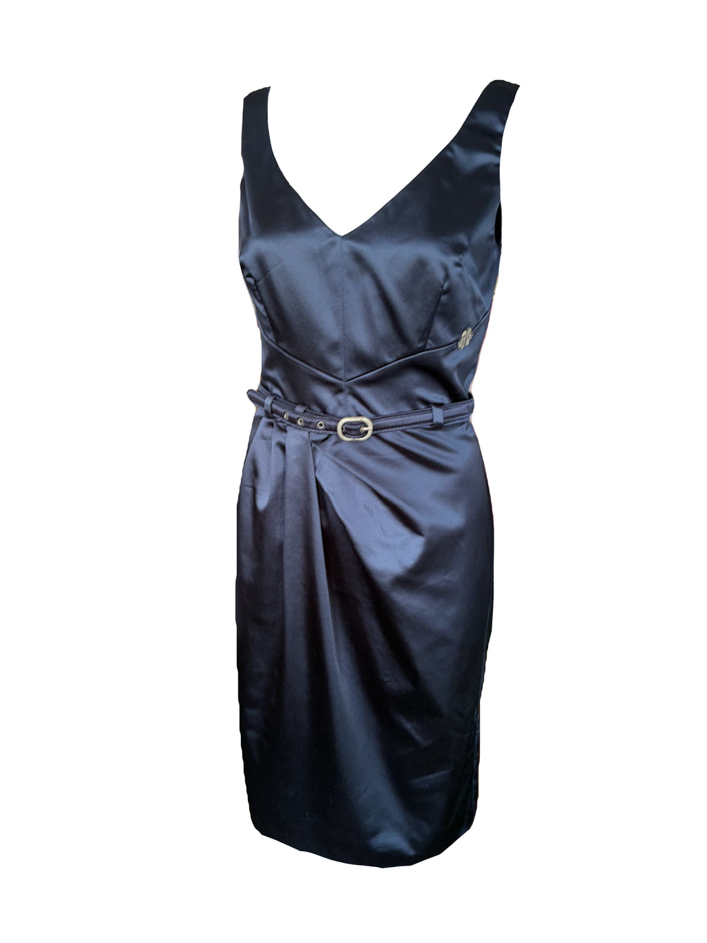 John Galliano 2000s Navy Belted Dress V-neck Draped 44IT