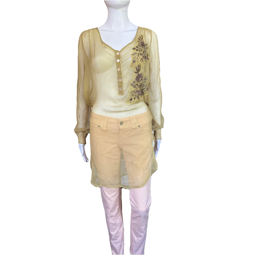 John Galliano 2000s Vintage Silk Tunic Blouse Floral Embroidered & Sequins