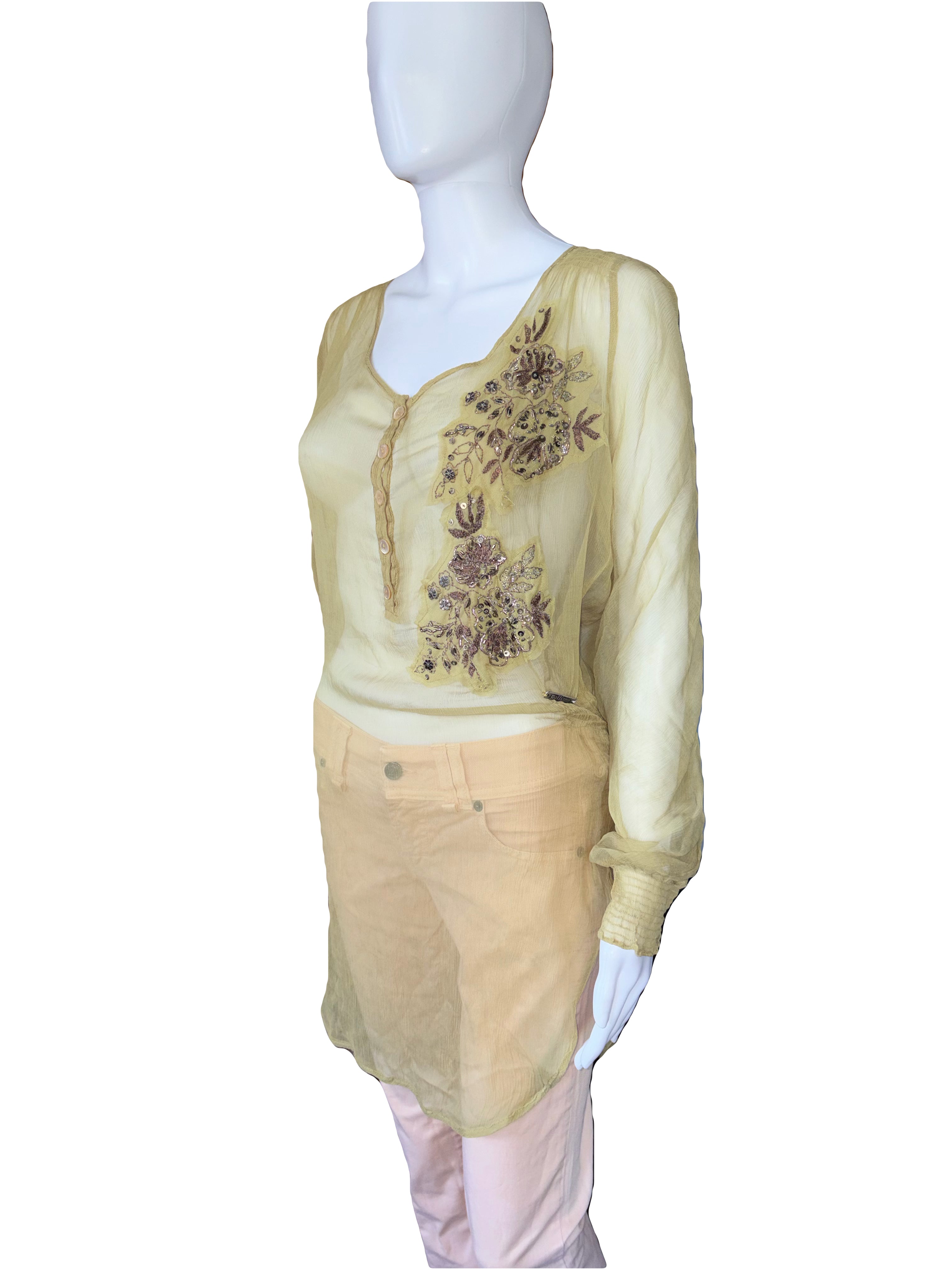 John Galliano 2000s Vintage Silk Tunic Blouse Floral Embroidered & Sequins