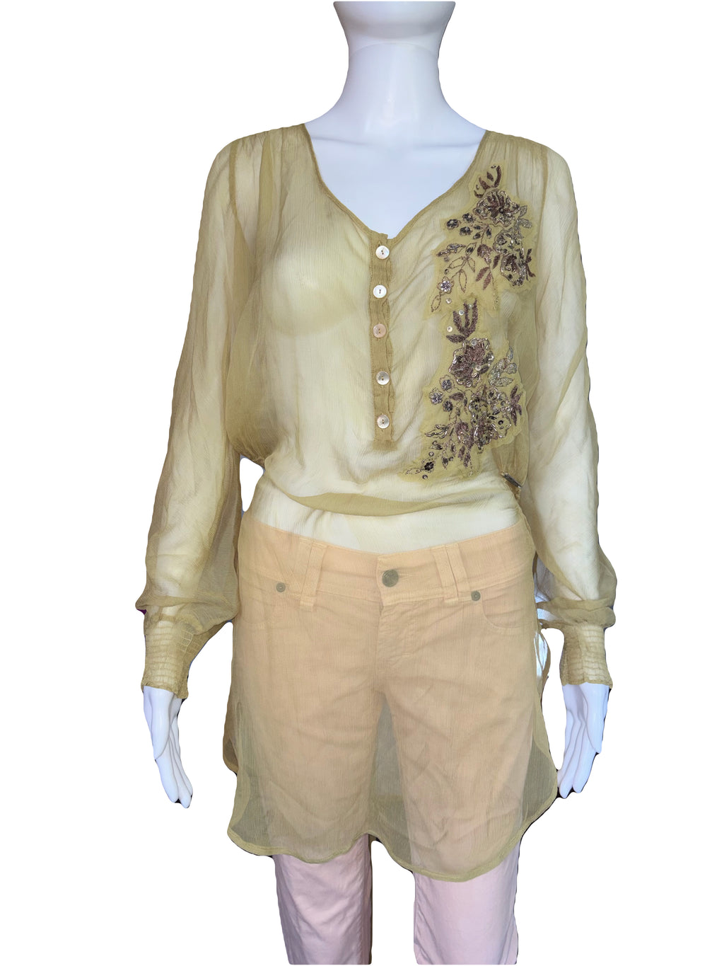 John Galliano 2000s Vintage Silk Tunic Blouse Floral Embroidered & Sequins