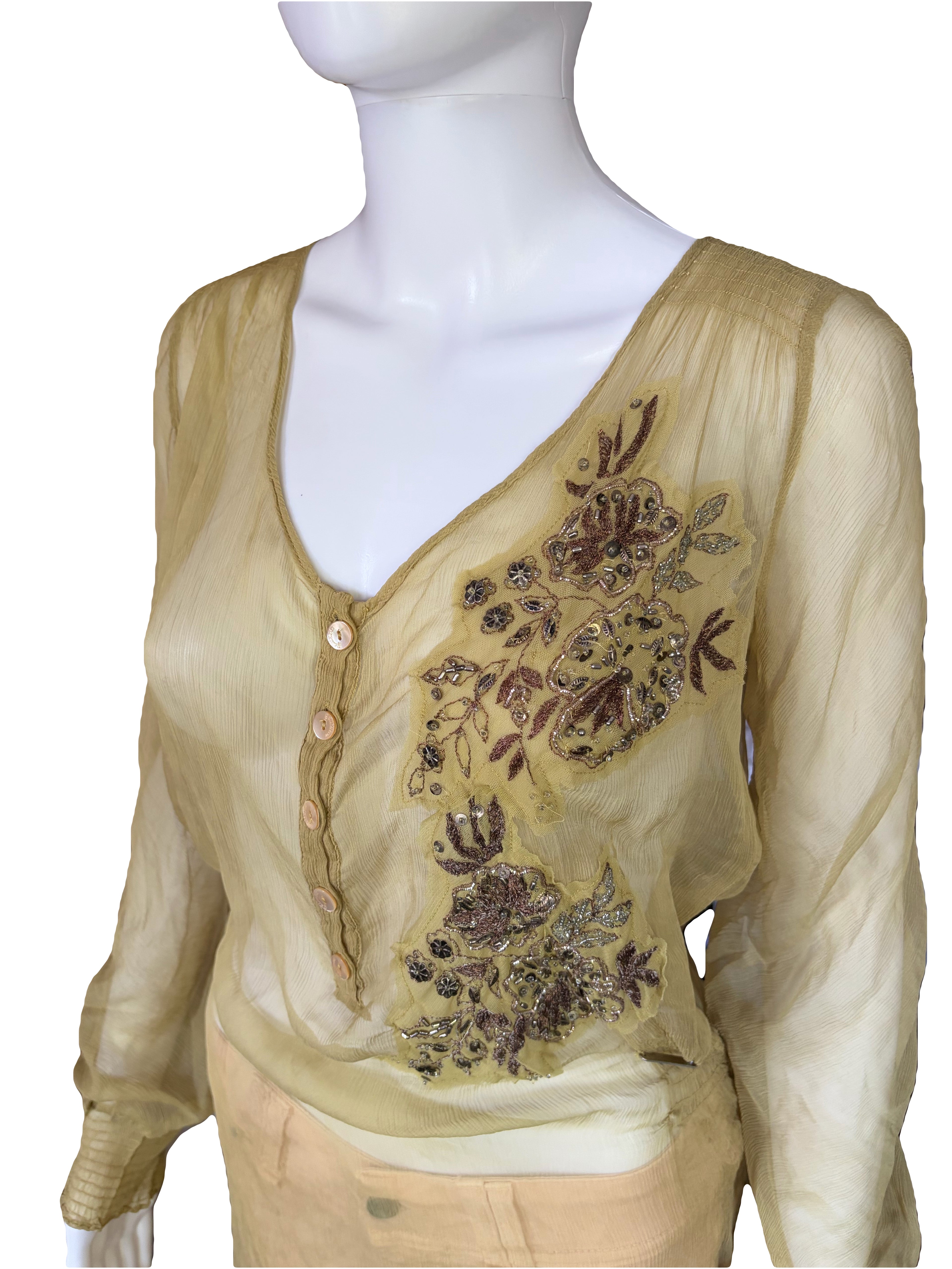 John Galliano 2000s Vintage Silk Tunic Blouse Floral Embroidered & Sequins