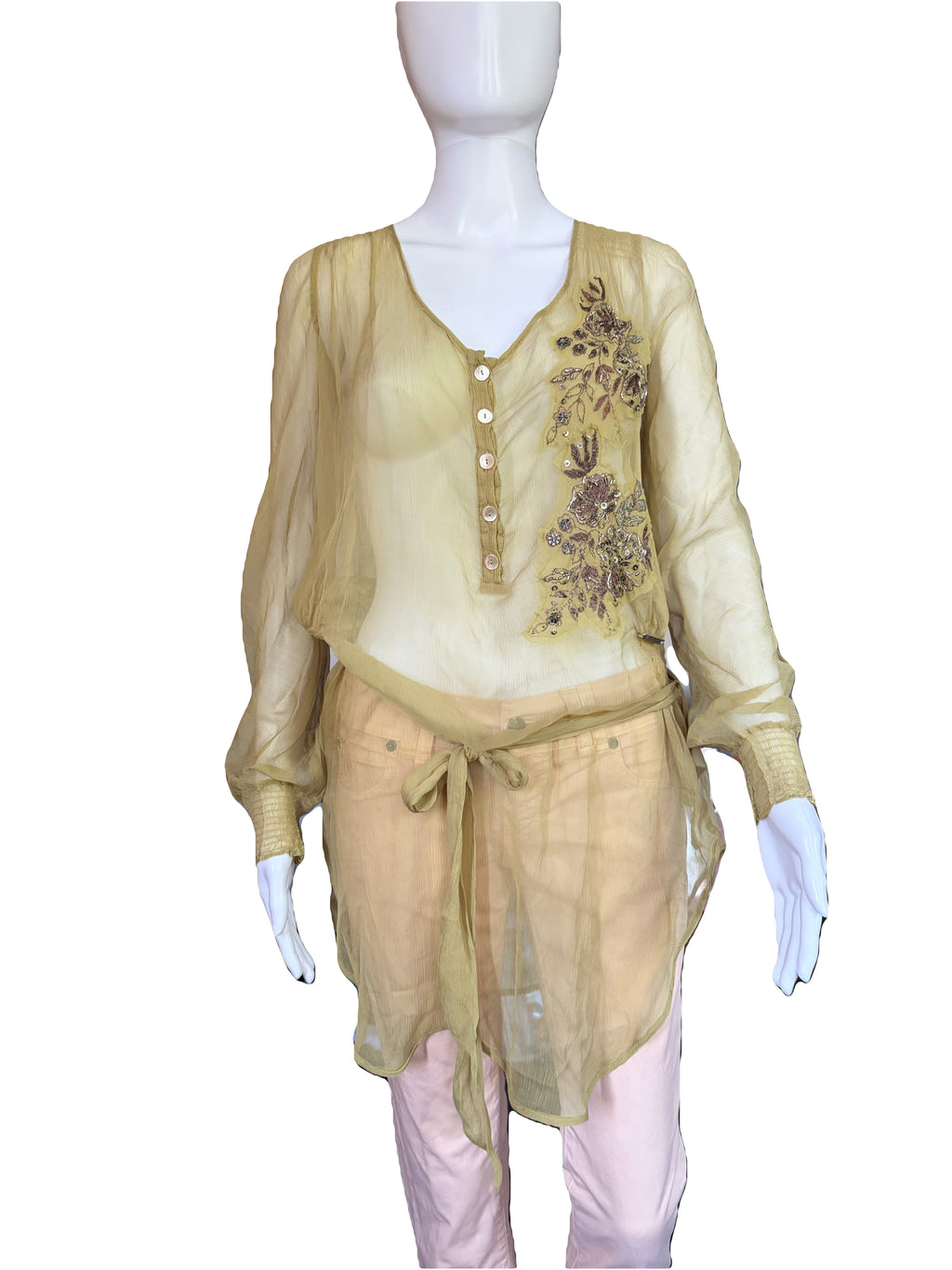 John Galliano 2000s Vintage Silk Tunic Blouse Floral Embroidered & Sequins