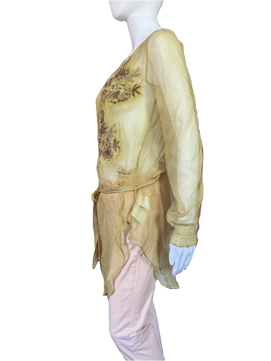 John Galliano 2000s Vintage Silk Tunic Blouse Floral Embroidered & Sequins