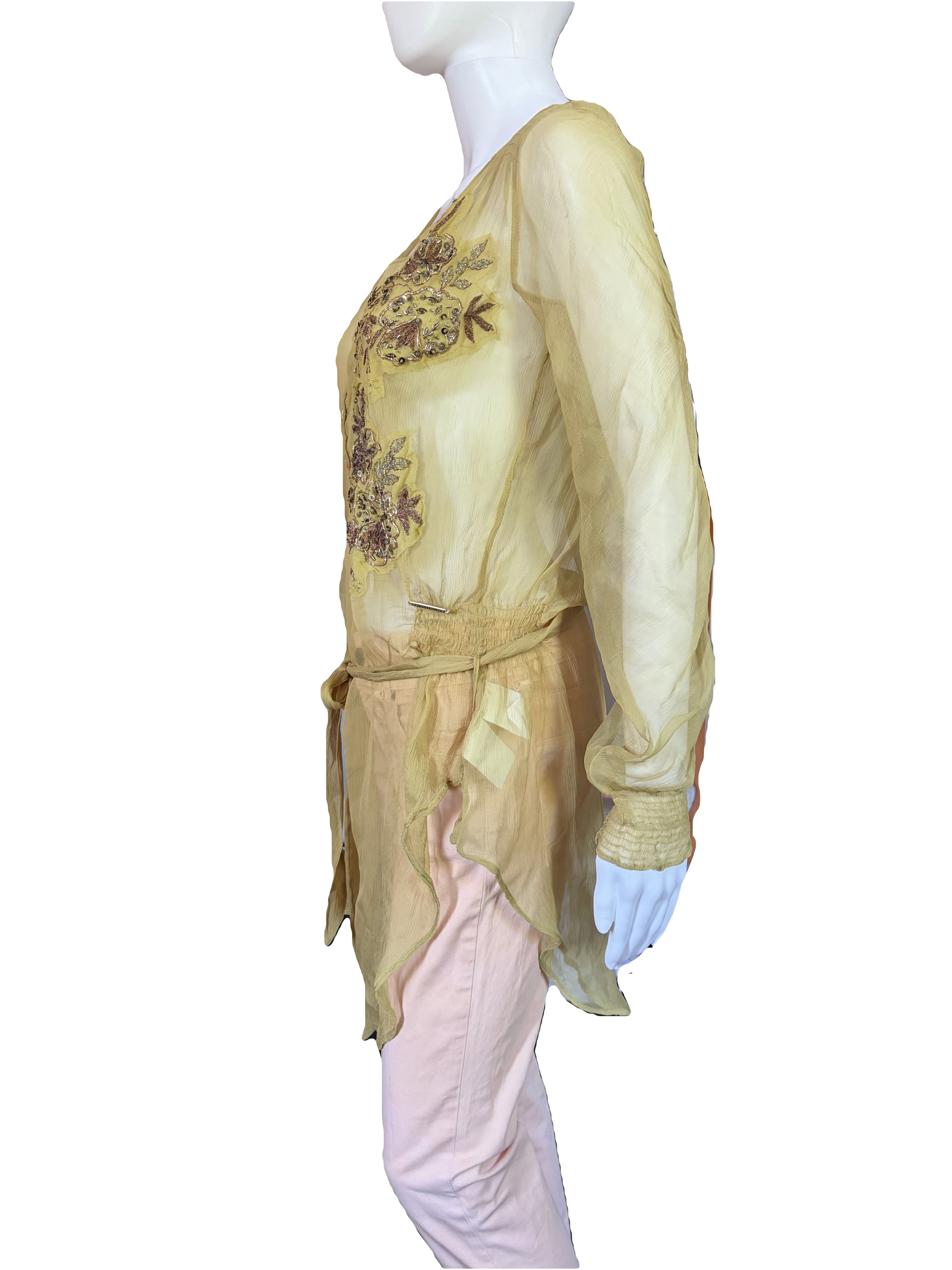 John Galliano 2000s Vintage Silk Tunic Blouse Floral Embroidered & Sequins