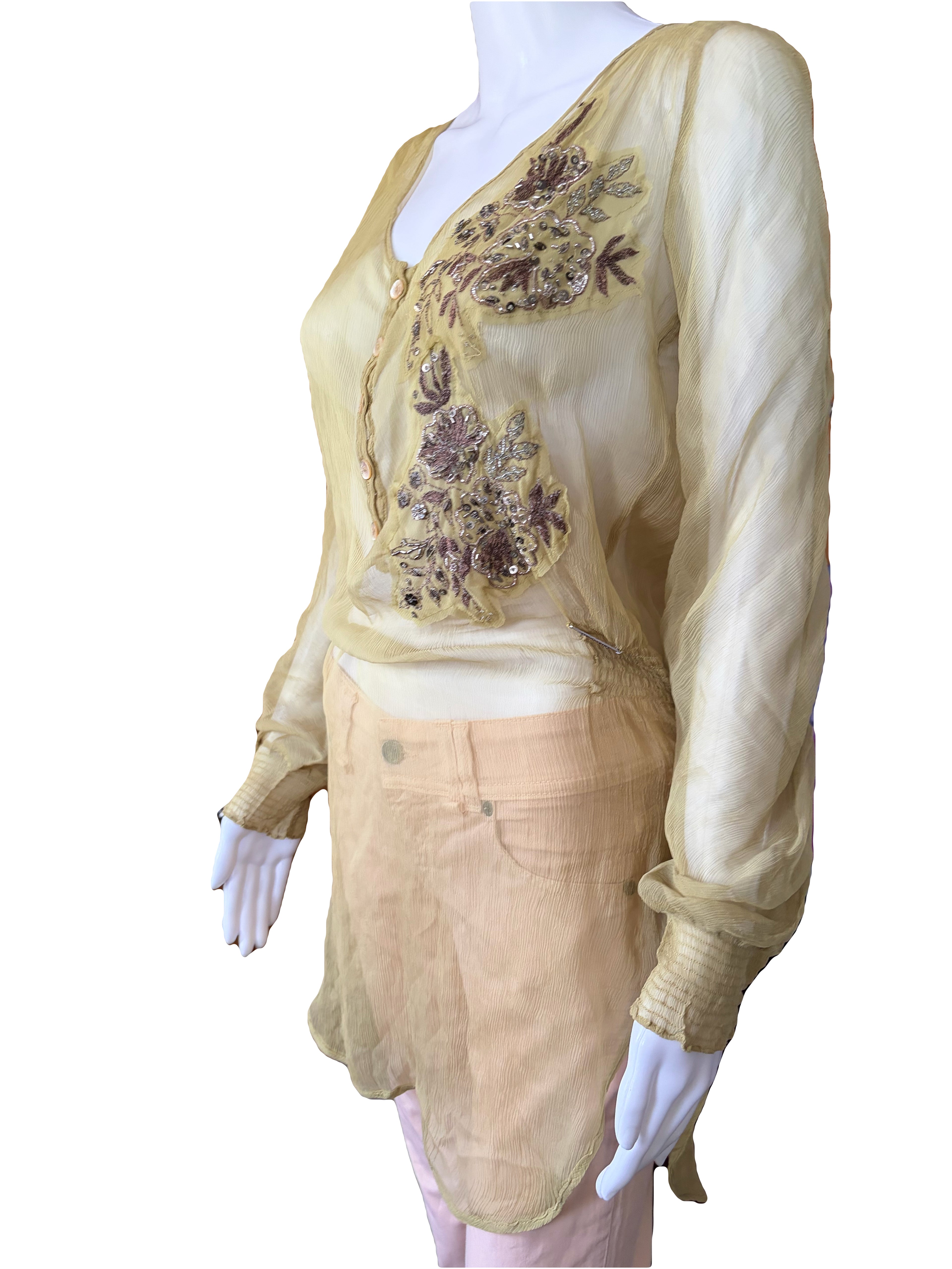 John Galliano 2000s Vintage Silk Tunic Blouse Floral Embroidered & Sequins