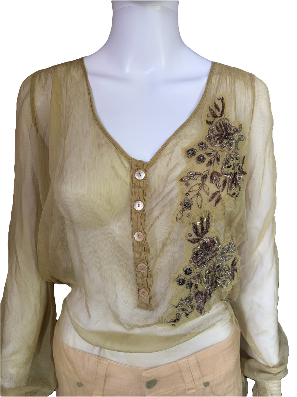 John Galliano 2000s Vintage Silk Tunic Blouse Floral Embroidered & Sequins