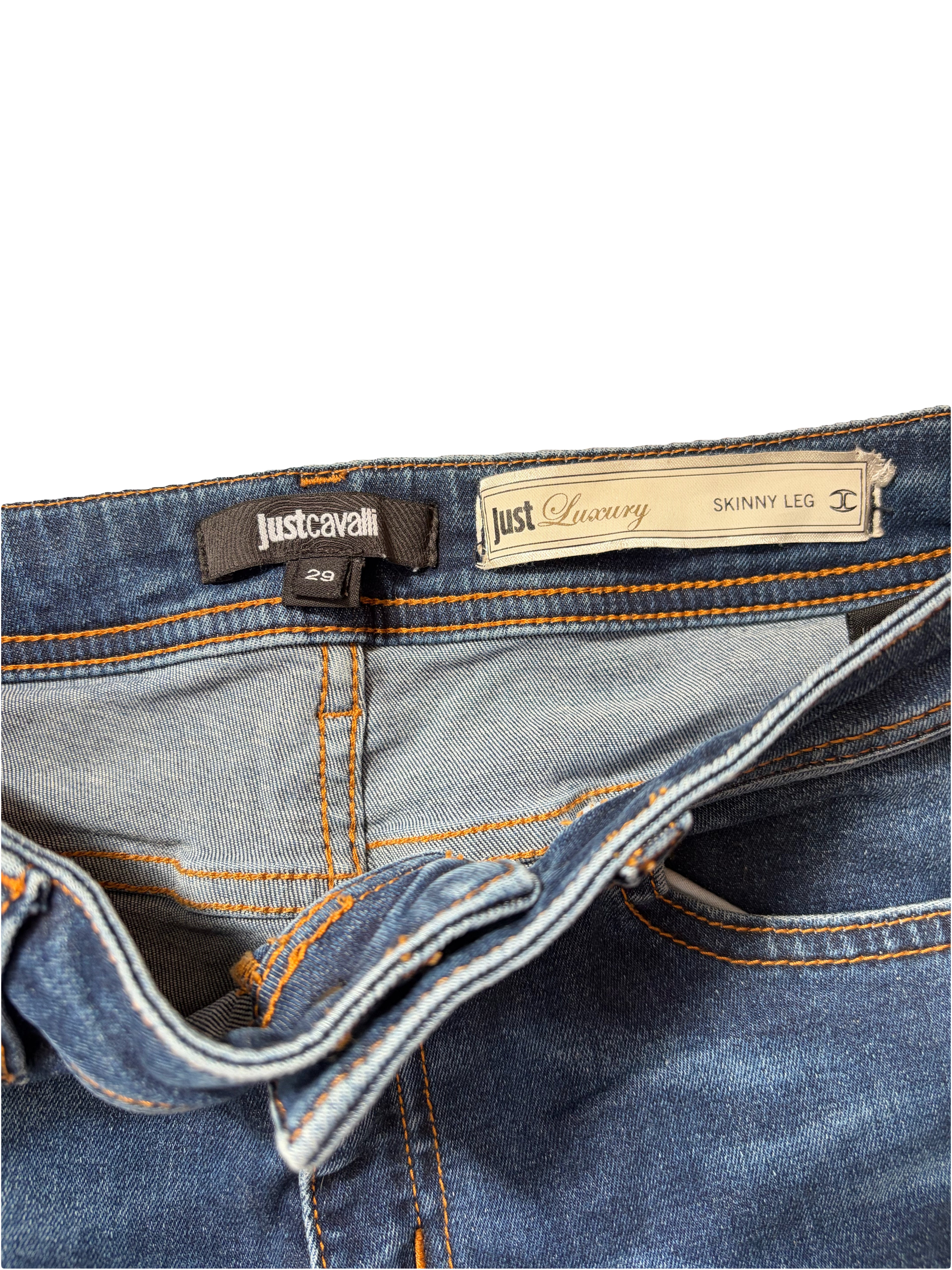 Just Cavalli Low Rise Blue Skinny Jeans 29 Gold Embroidery