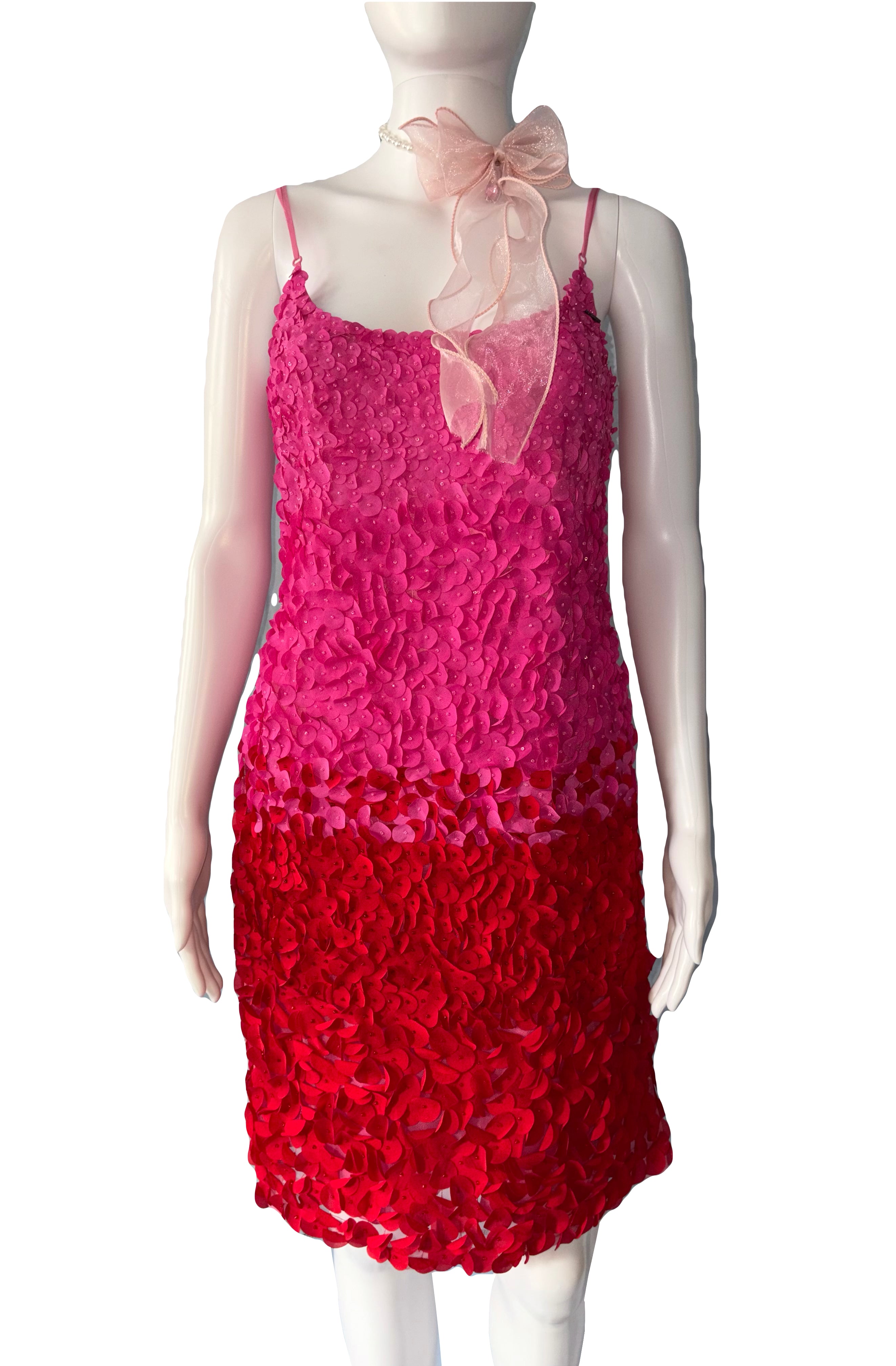 John Galliano Pink Red Petal Embellishments Mini Dress 40IT.