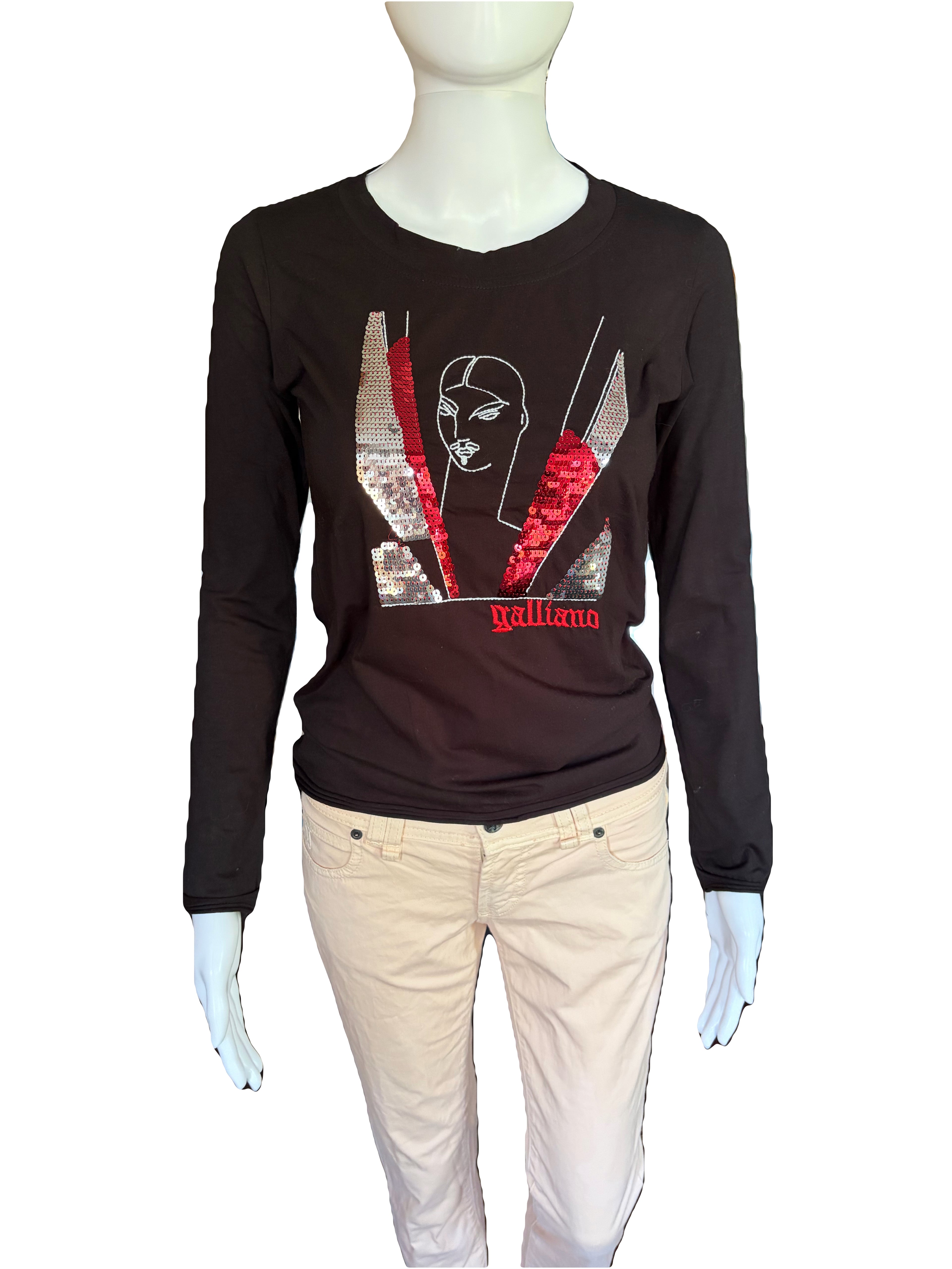 John Galliano 2000s Black Long Sleeve Top Sequin Embroidery L