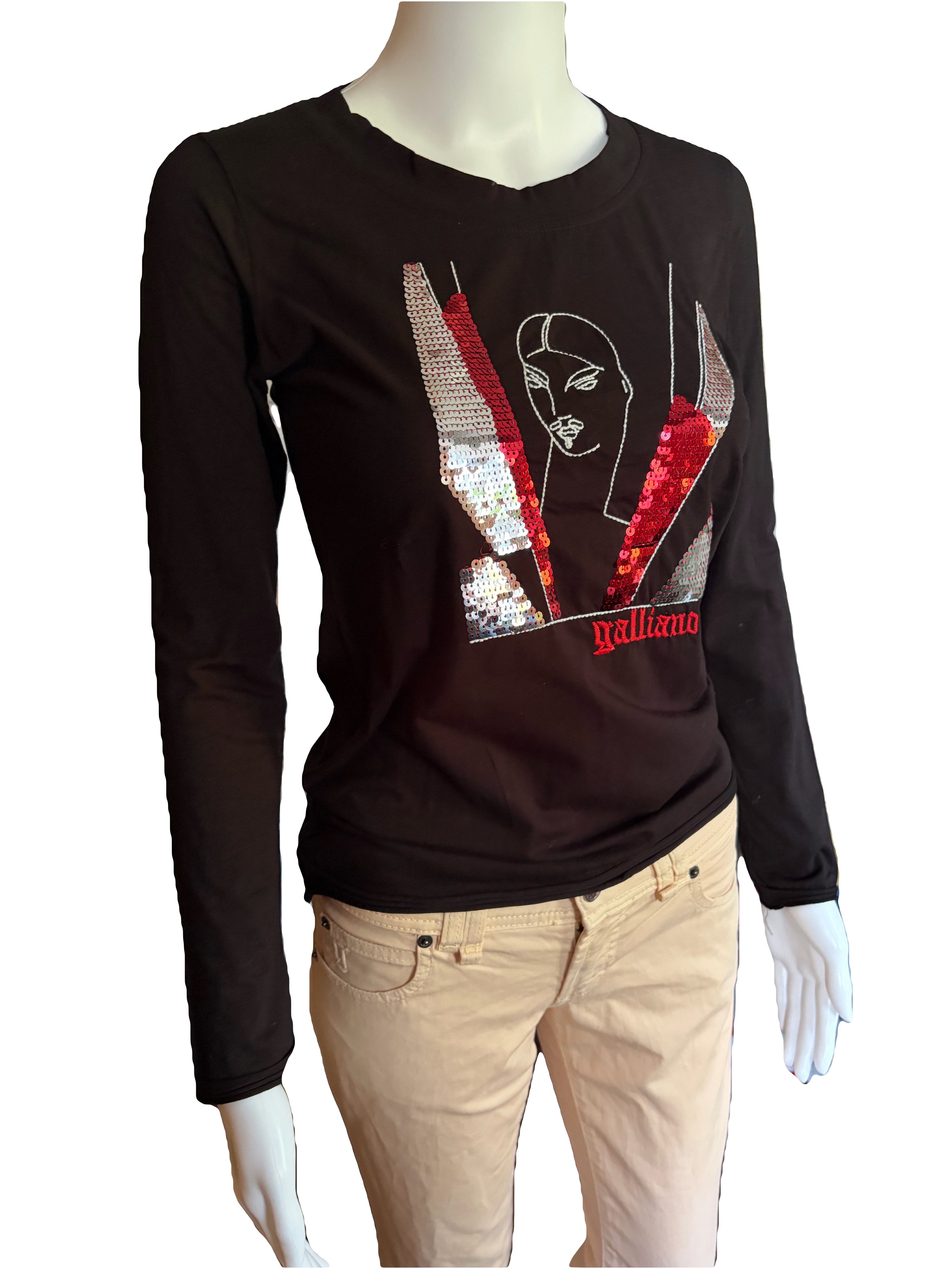 John Galliano 2000s Black Long Sleeve Top Sequin Embroidery L
