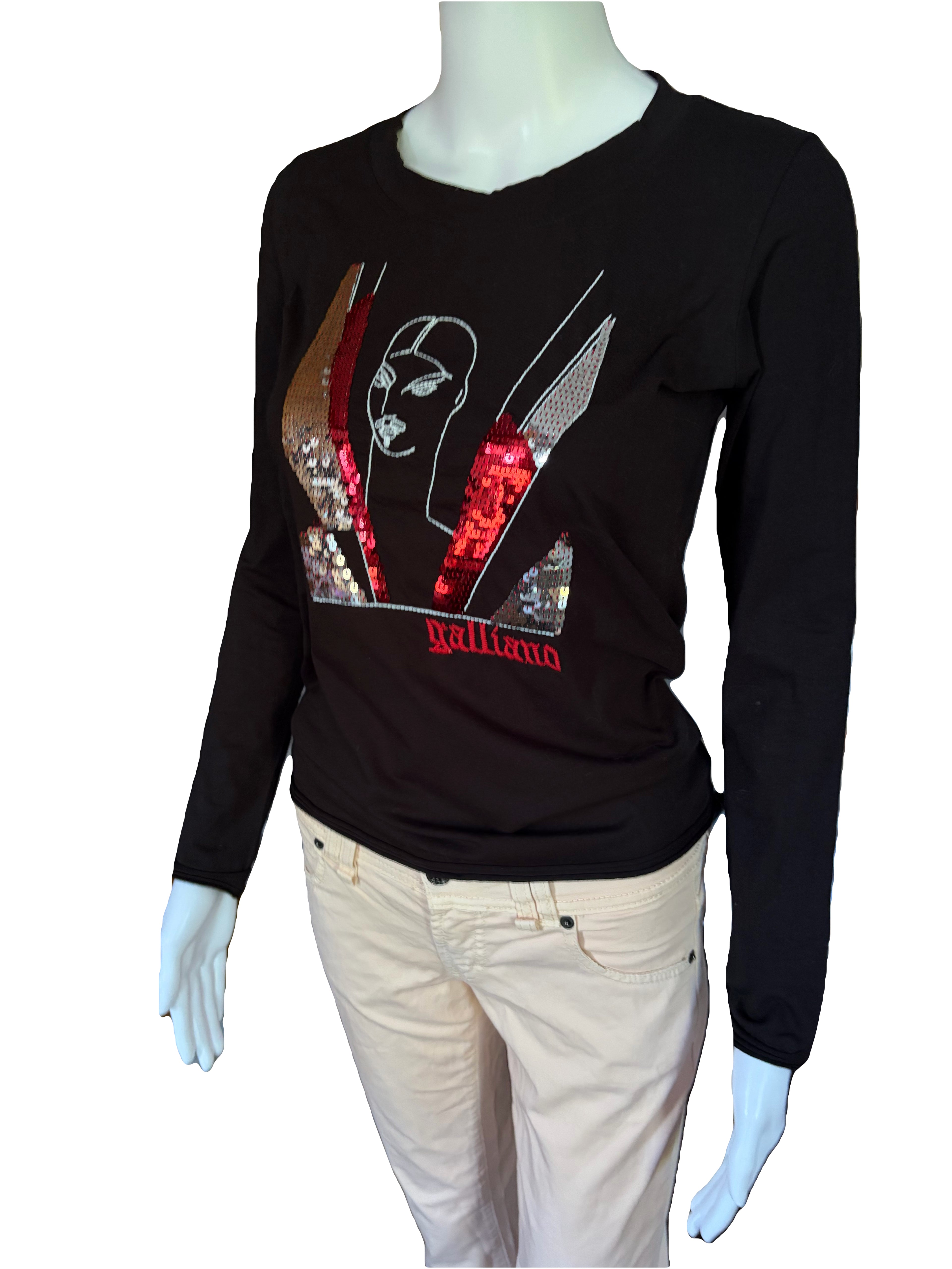 John Galliano 2000s Black Long Sleeve Top Sequin Embroidery L