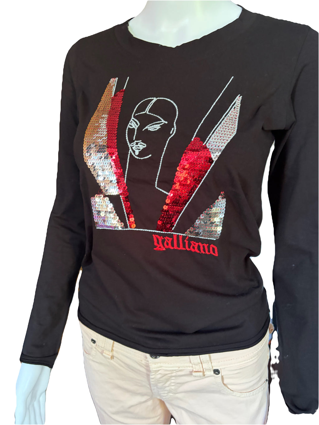 John Galliano 2000s Black Long Sleeve Top Sequin Embroidery L