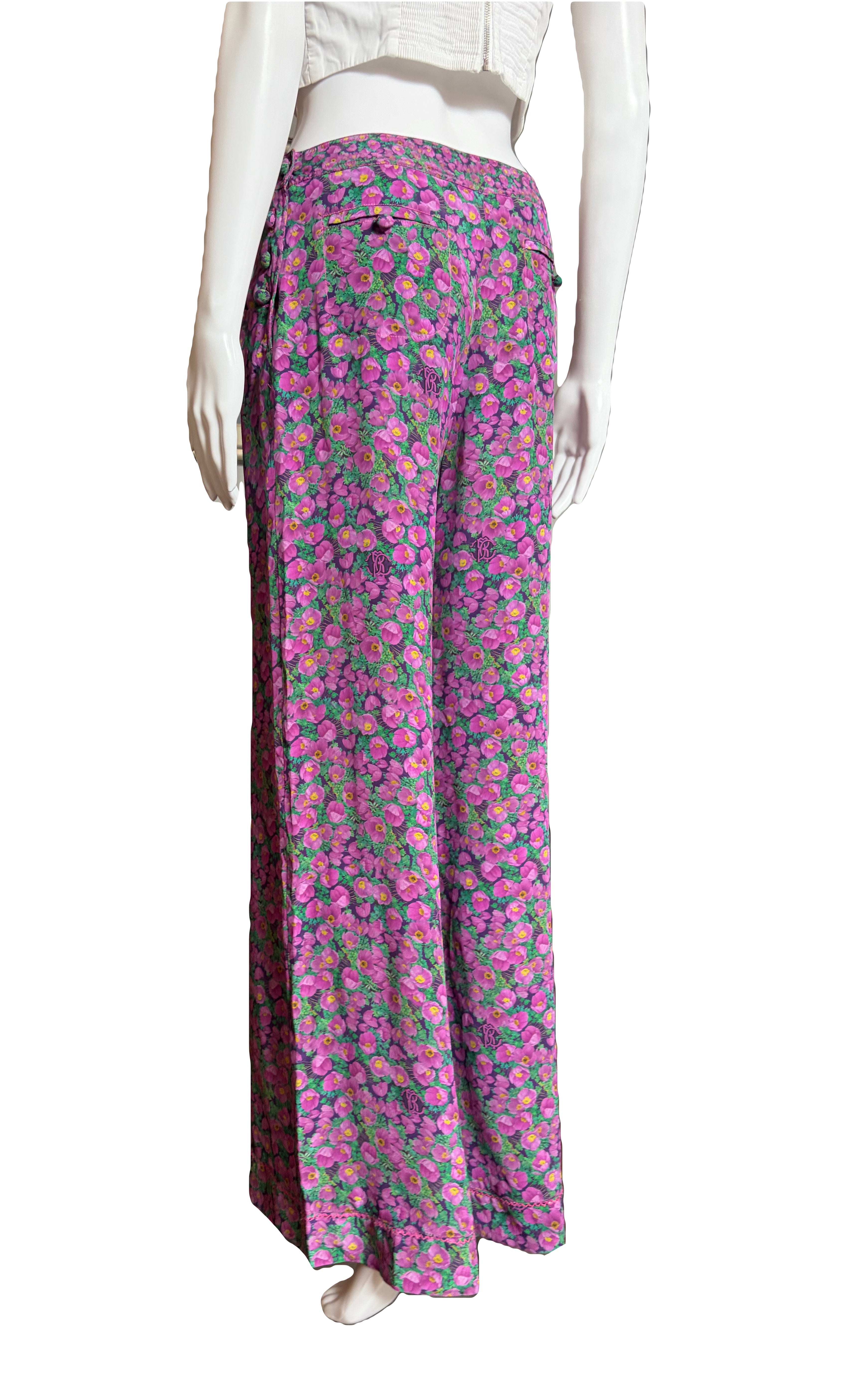 Roberto Cavalli Spring/Summer 2008 Purple Floral Wide Leg Trousers 38IT