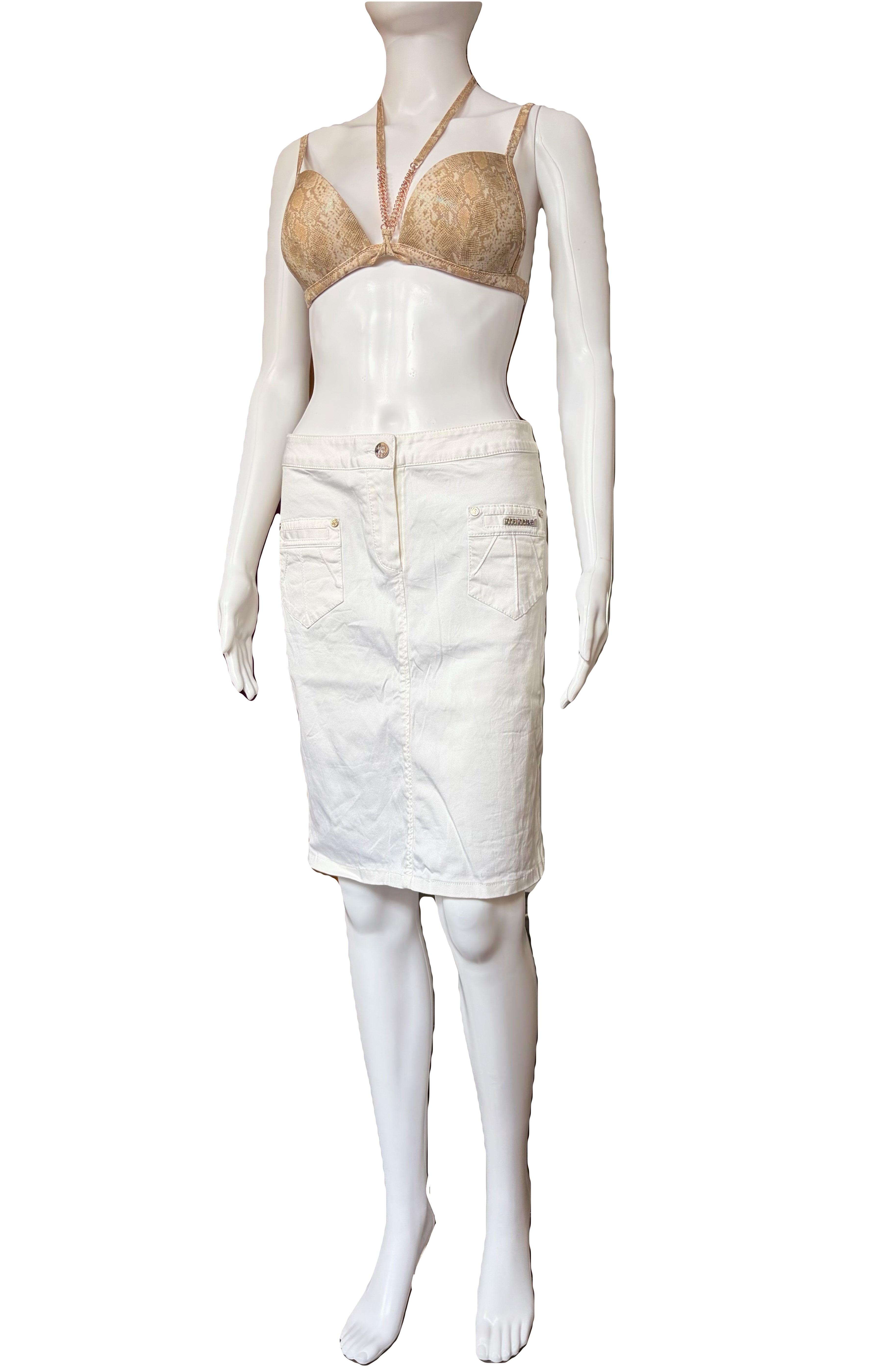 Roberto Cavalli 2000s White Denim Skirt Mid Length 42IT