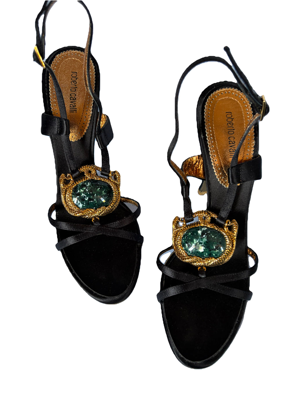 Roberto Cavalli 2000s Black Satin Slingback Emerald & Gold Serpentines Motifs