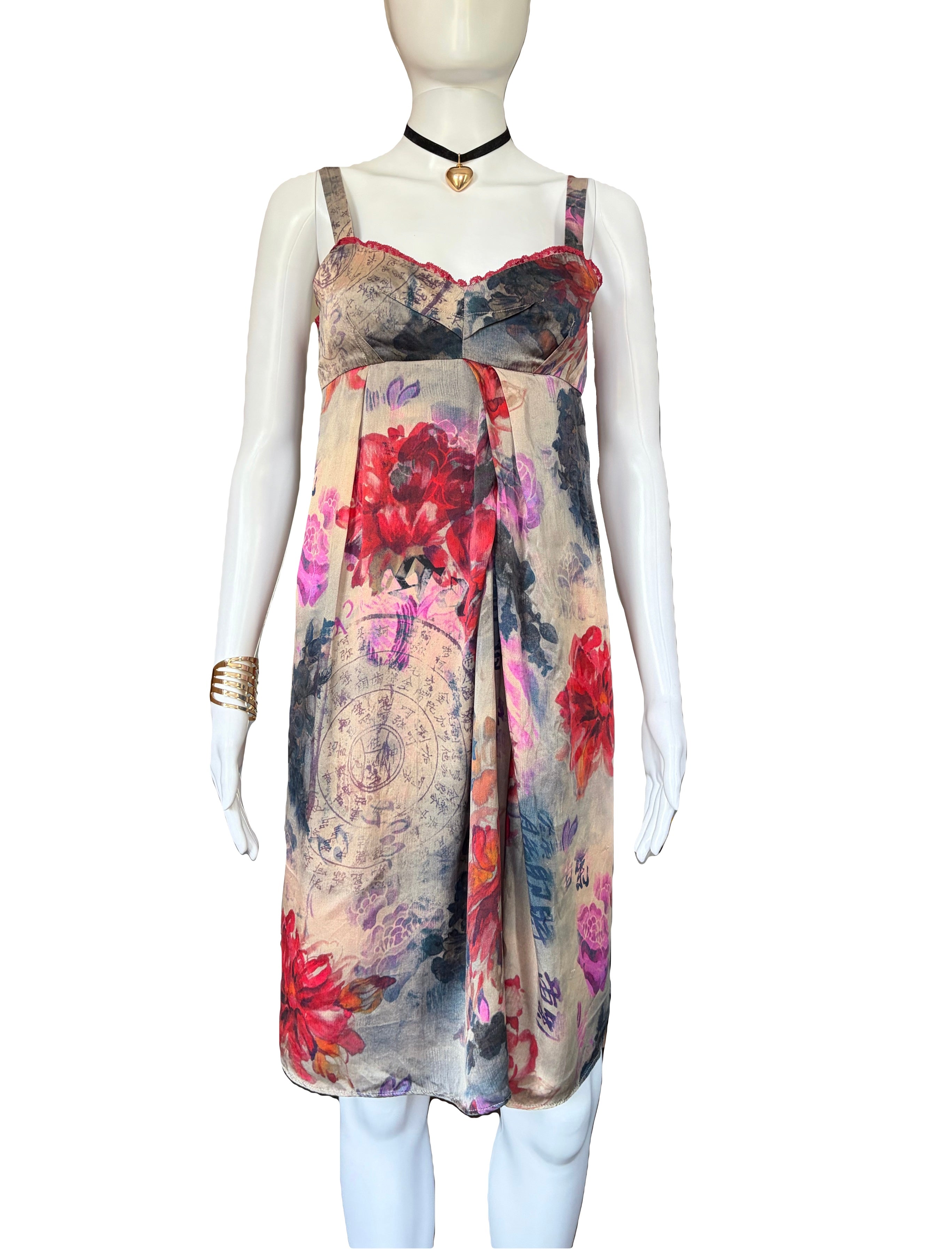 John Galliano 2000s Chinese Print Floral Silk Dress