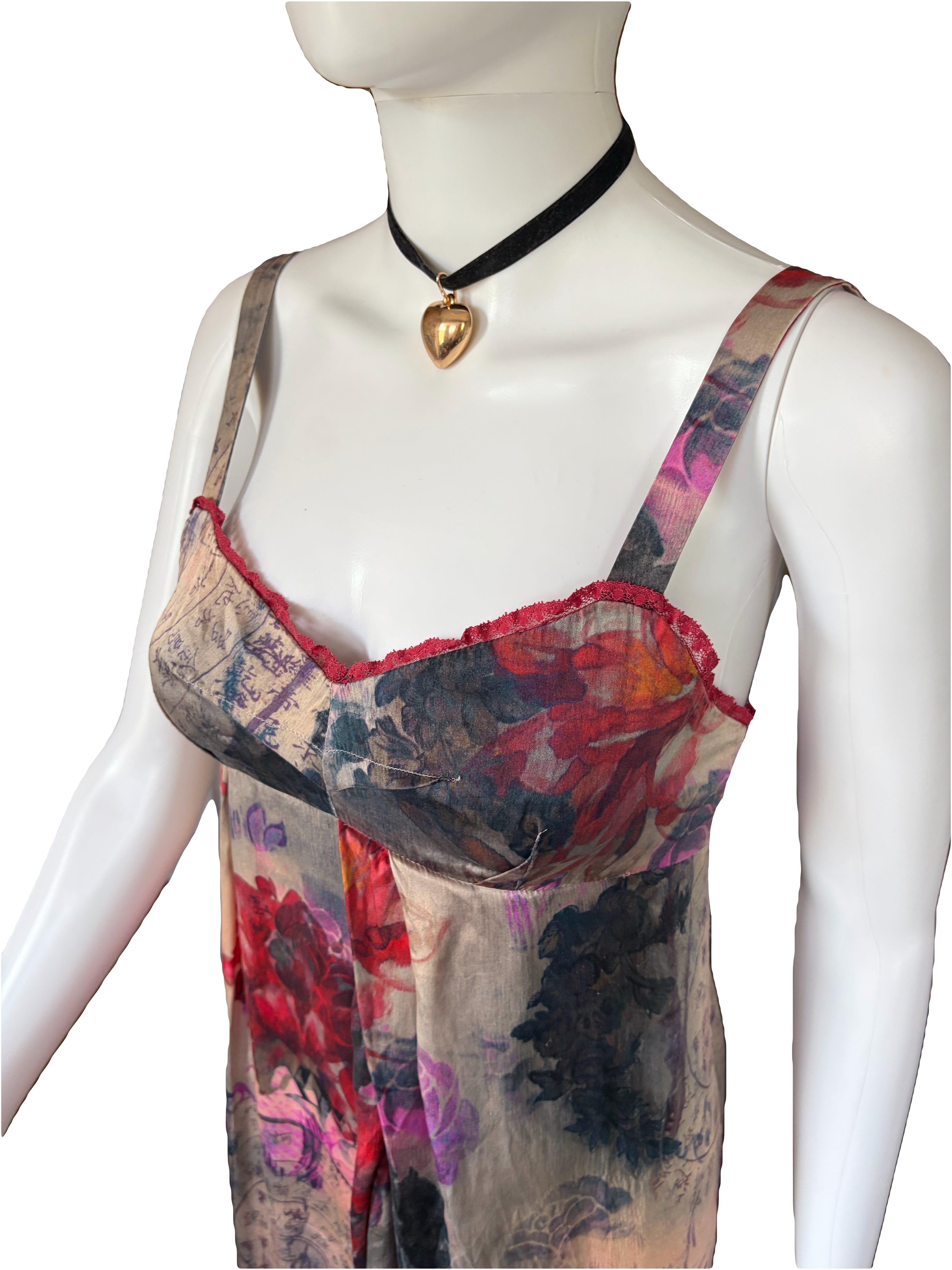John Galliano 2000s Chinese Print Floral Silk Dress
