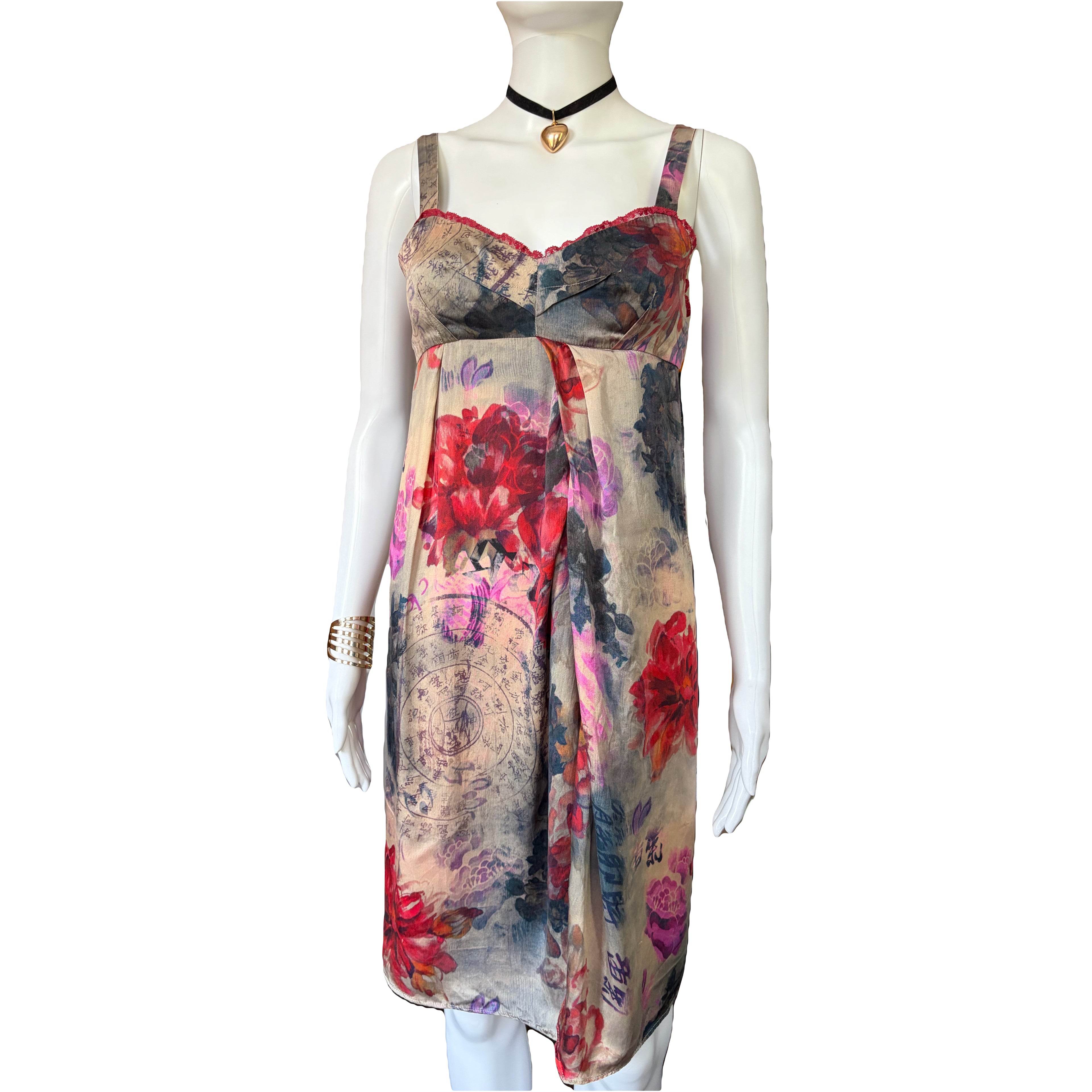 John Galliano 2000s Chinese Print Floral Silk Dress