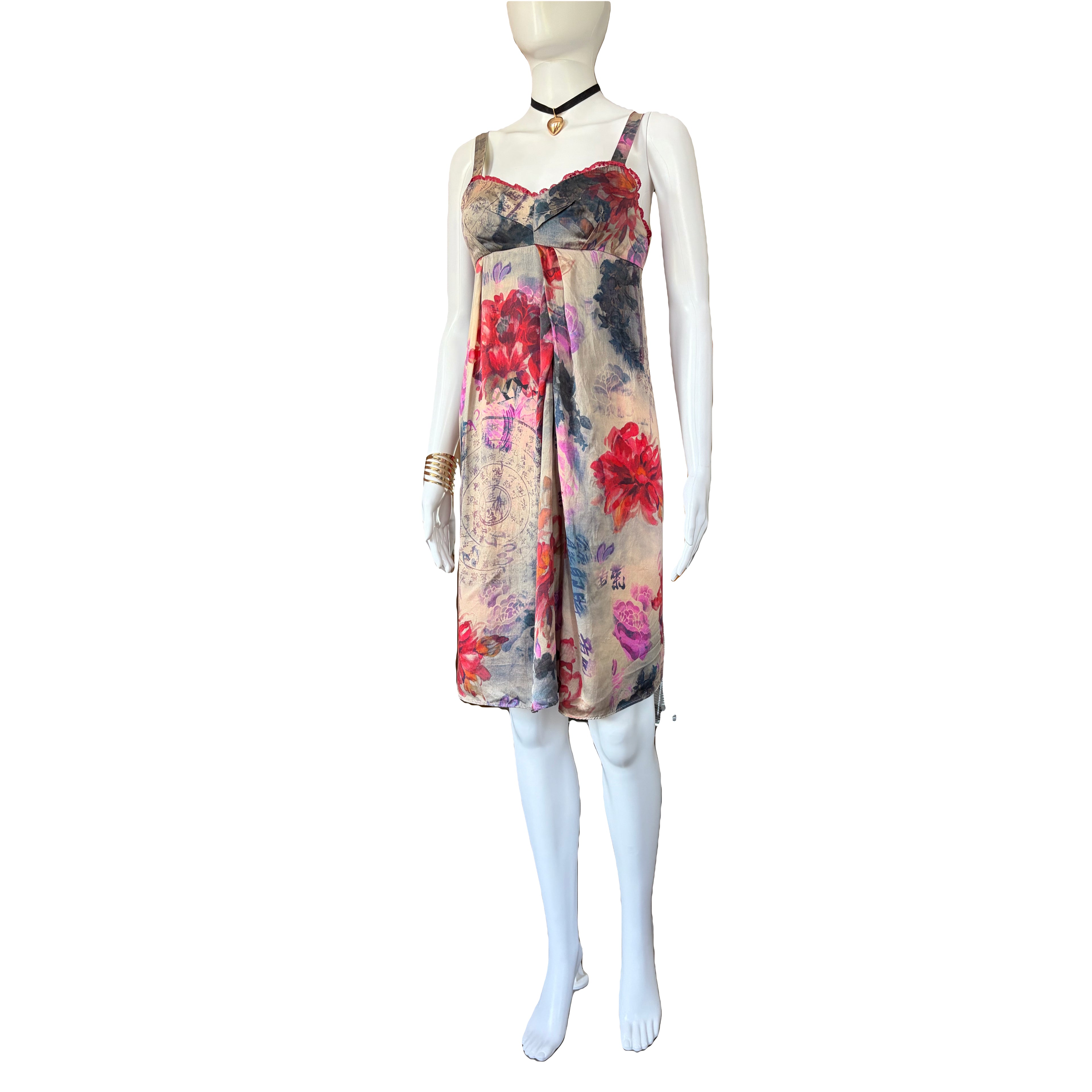 John Galliano 2000s Chinese Print Floral Silk Dress