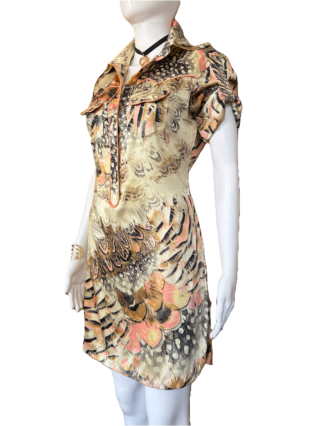 Roberto Cavalli Spring/Summer 2004 Silk Shirt Dress 2000s Feathers Print