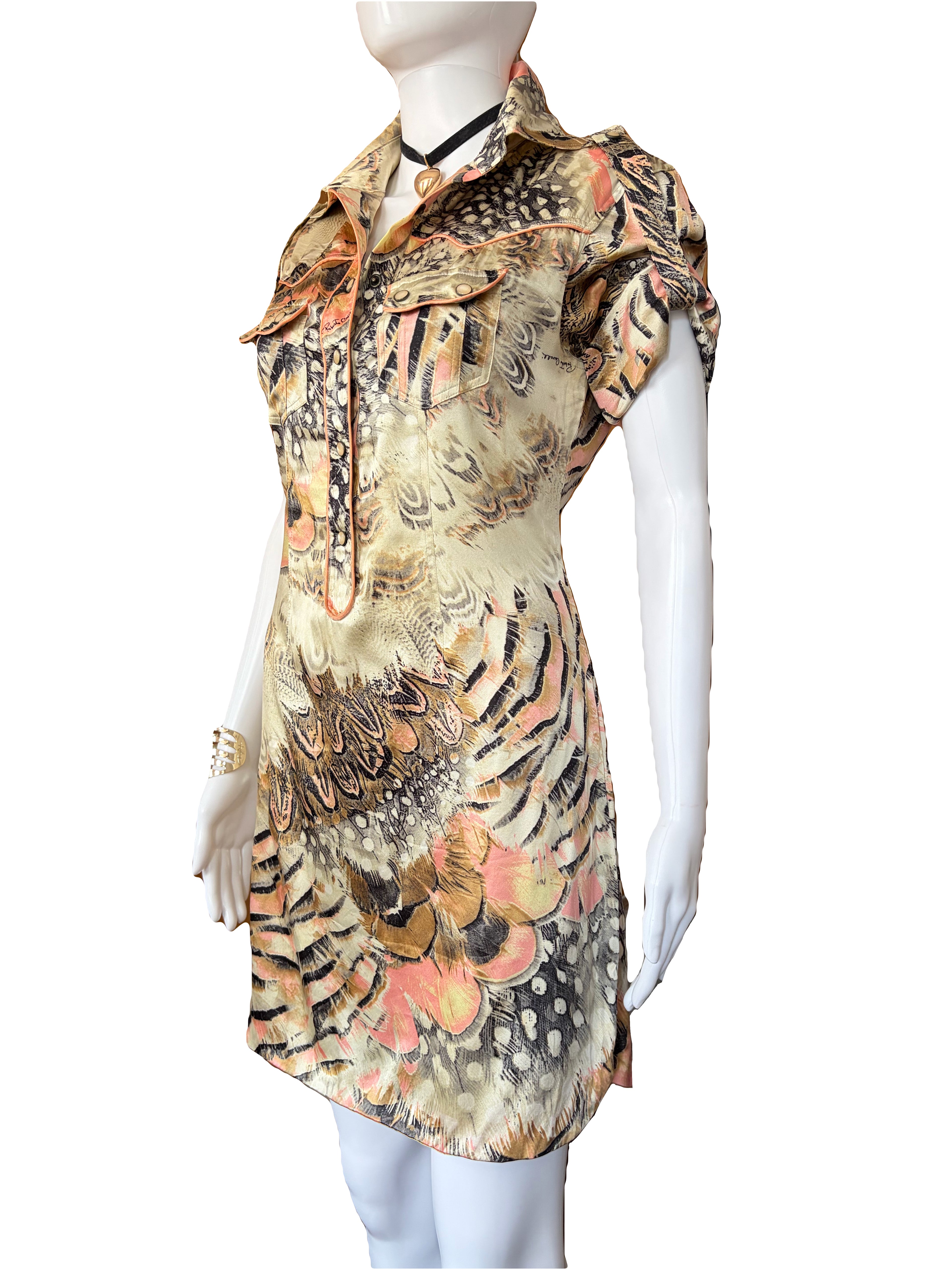 Roberto Cavalli Spring/Summer 2004 Silk Shirt Dress 2000s Feathers Print