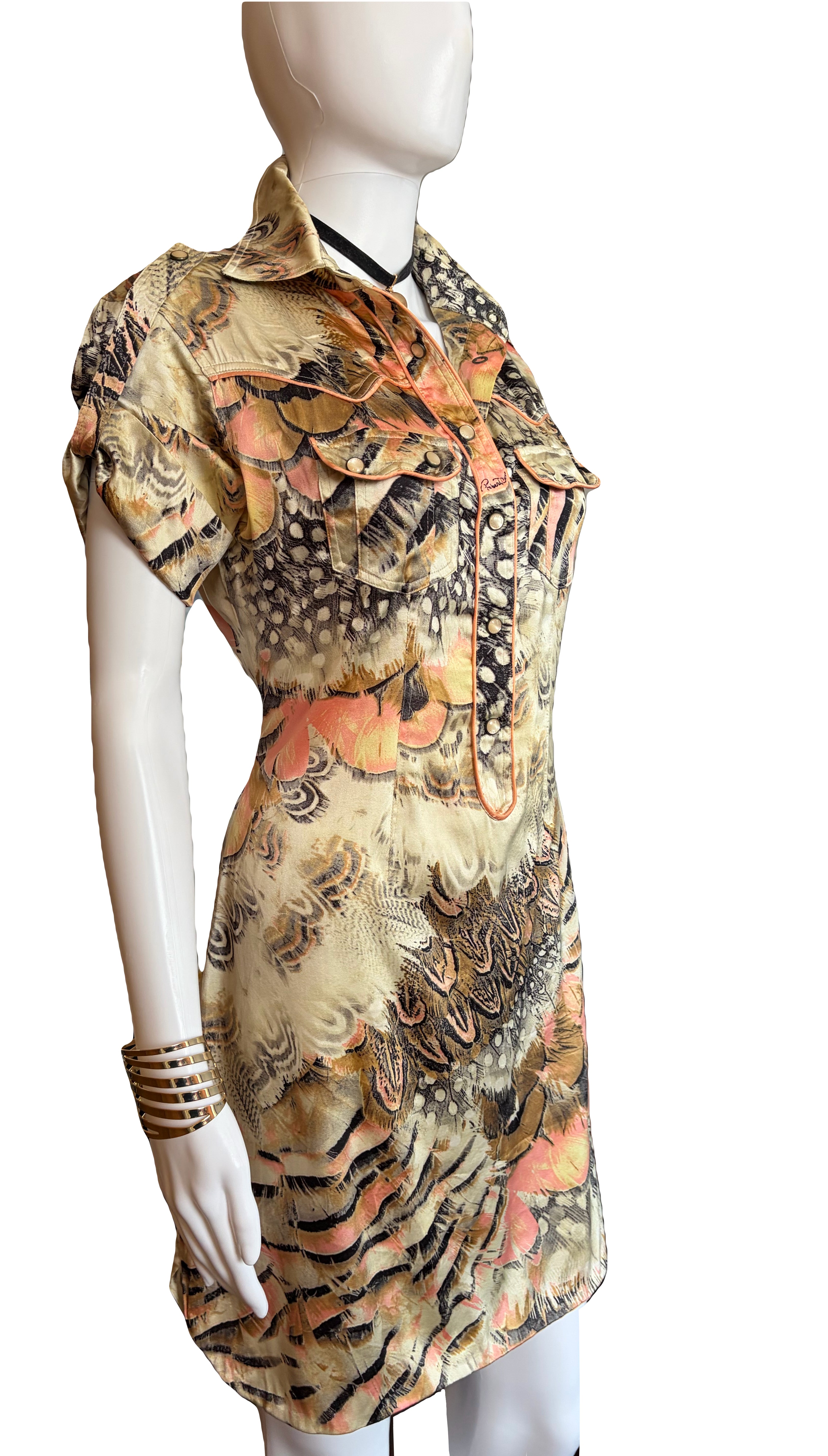 Roberto Cavalli Spring/Summer 2004 Silk Shirt Dress 2000s Feathers Print