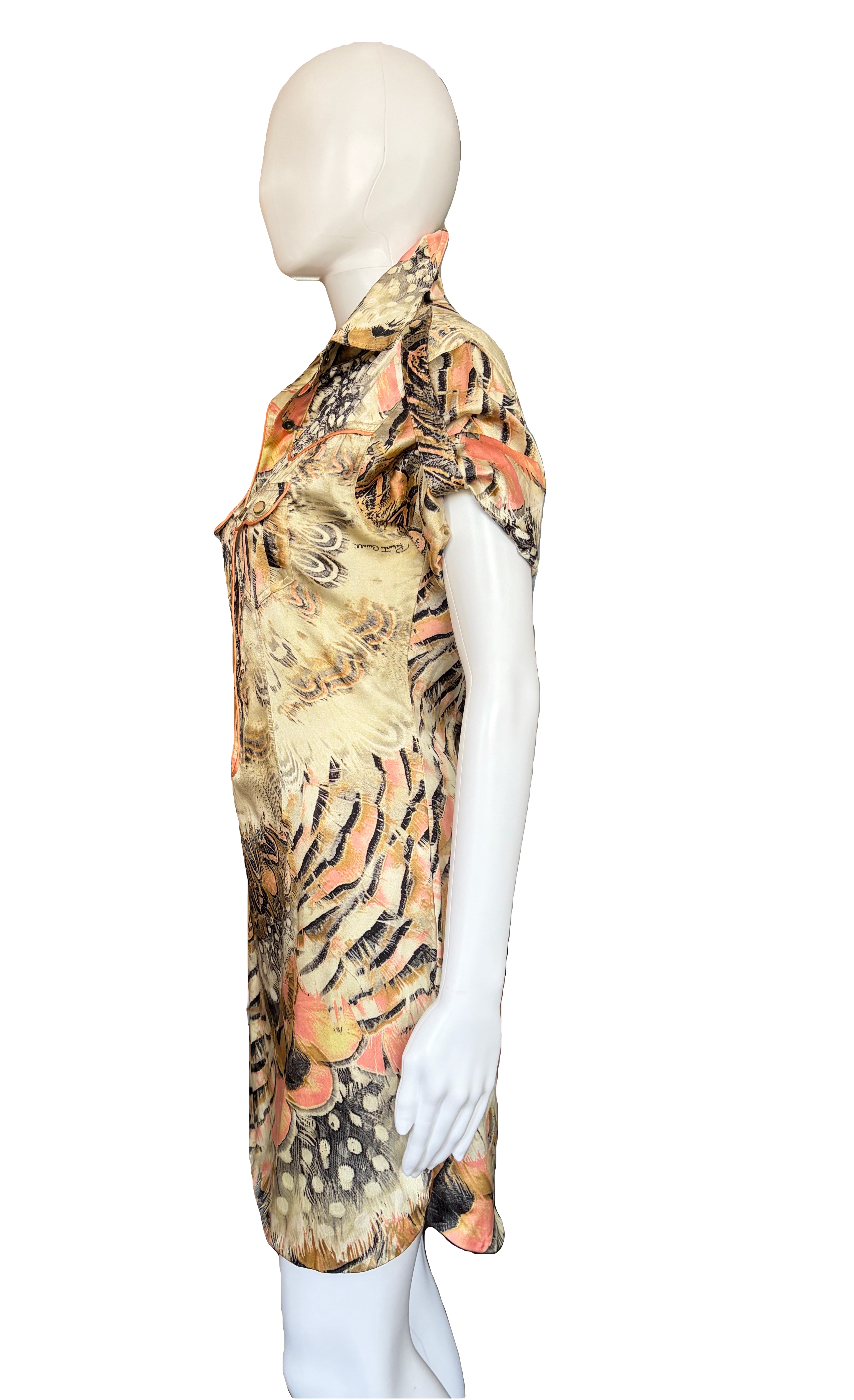 Roberto Cavalli Spring/Summer 2004 Silk Shirt Dress 2000s Feathers Print