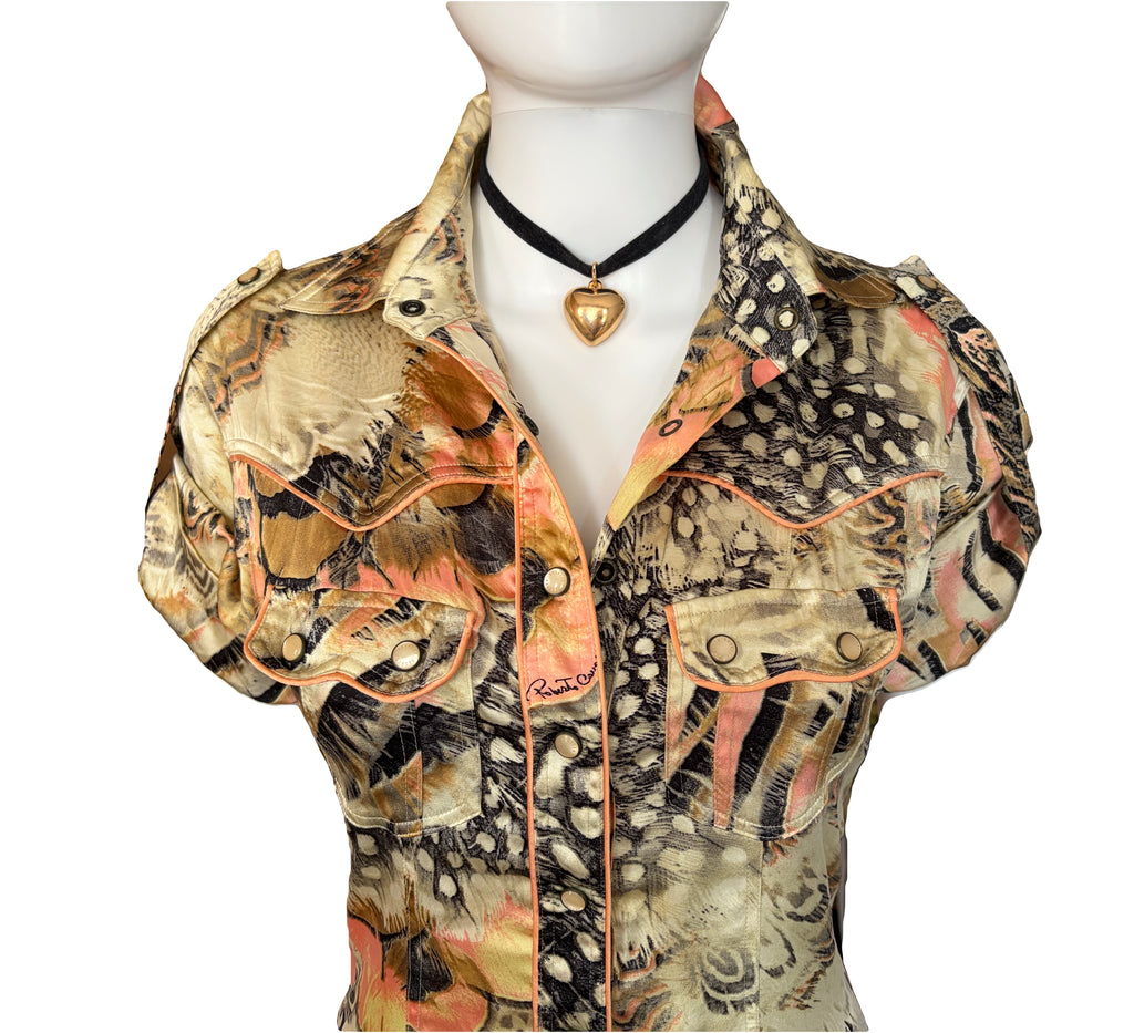 Roberto Cavalli Spring/Summer 2004 Silk Shirt Dress 2000s Feathers Print