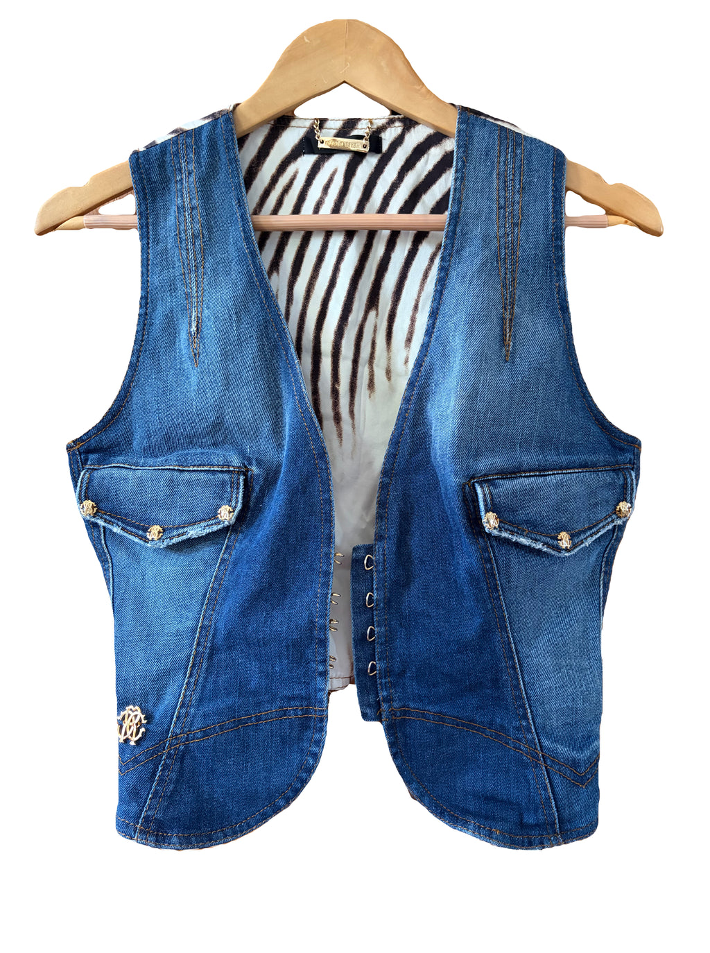 Roberto Cavalli 2000s Vintage Denim Waistcoat Zebra Print Back.