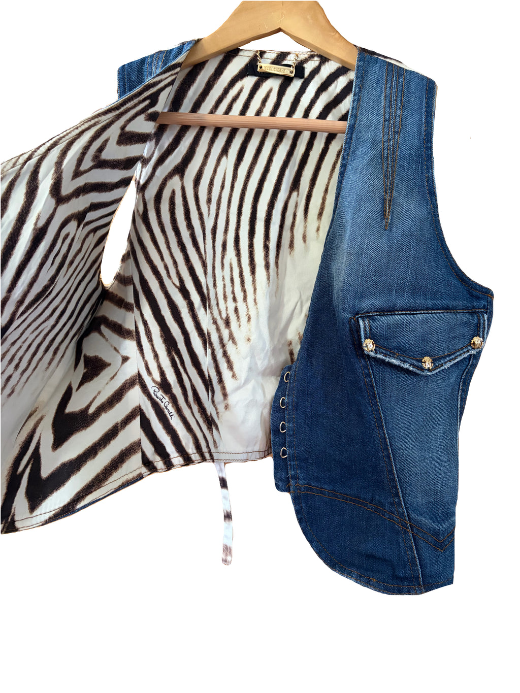 Roberto Cavalli 2000s Vintage Denim Waistcoat Zebra Print Back.