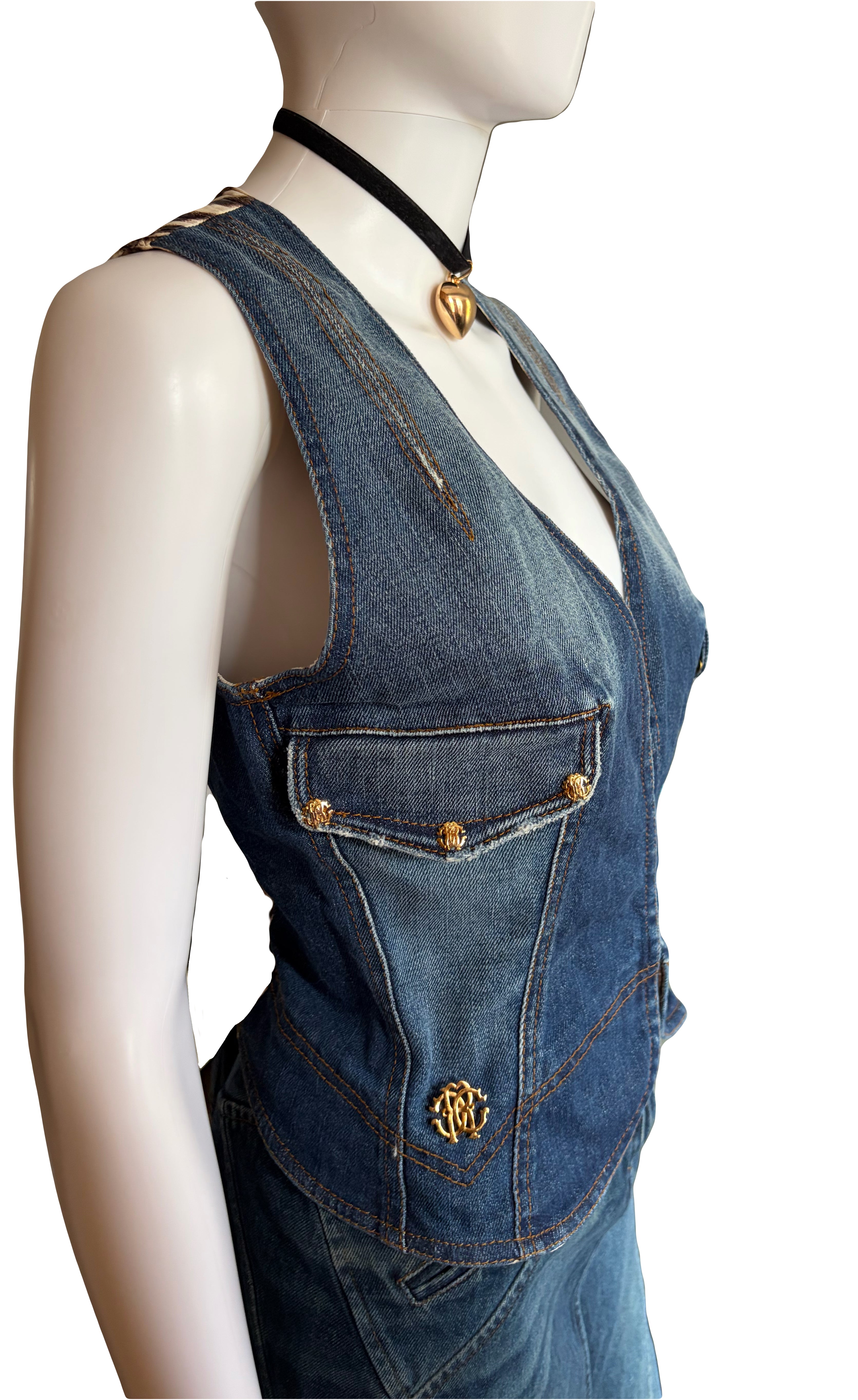 Roberto Cavalli 2000s Vintage Denim Waistcoat Zebra Print Back.