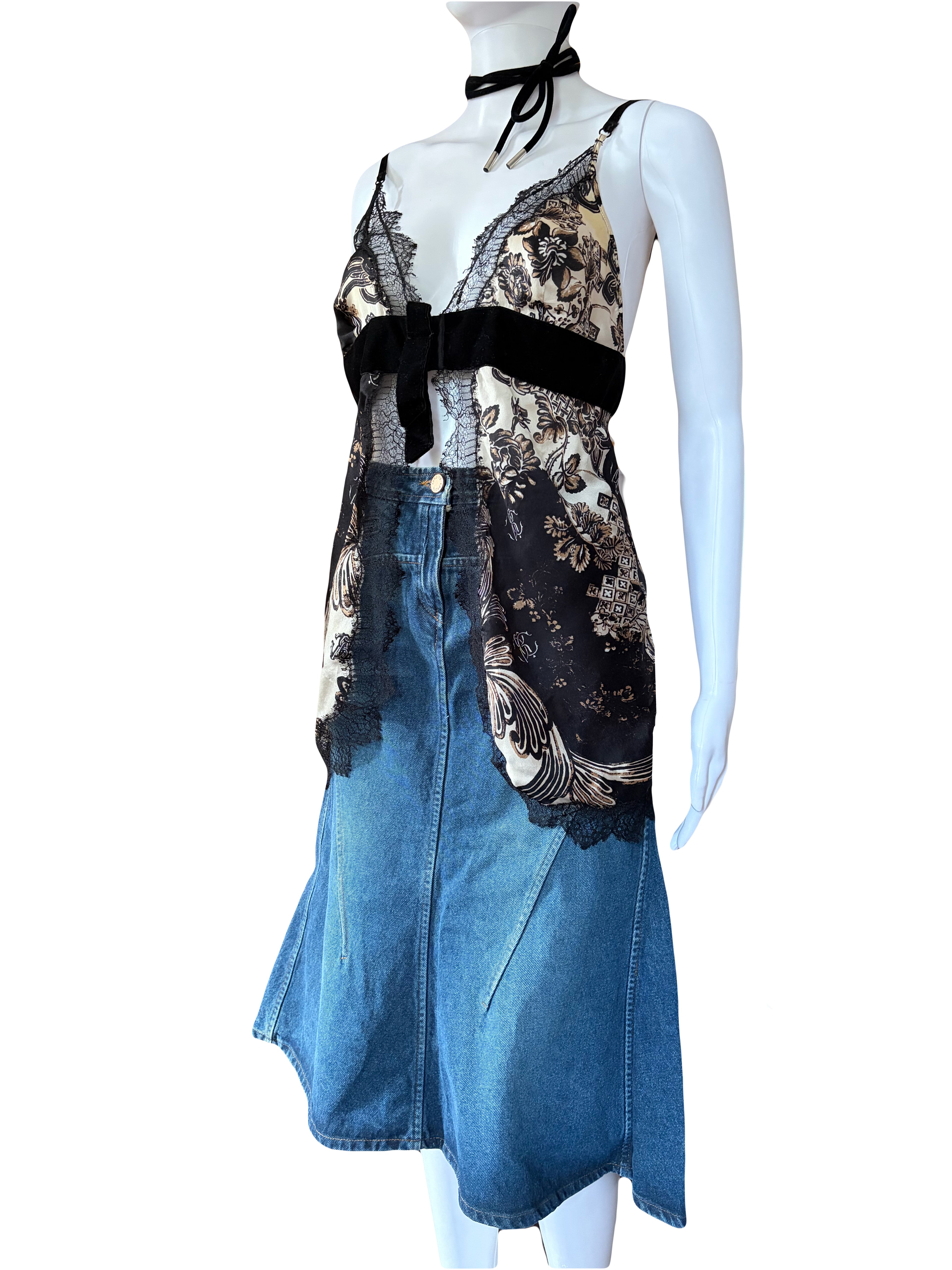 Roberto Cavalli Silk Cami Top Lace Trim Black Gold
