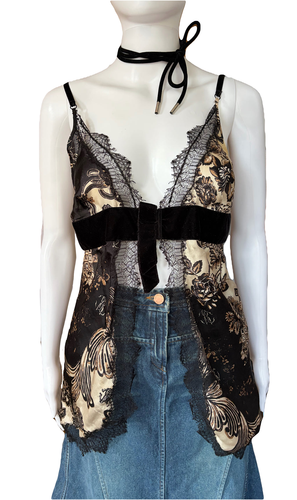 Roberto Cavalli Silk Cami Top Lace Trim Black Gold
